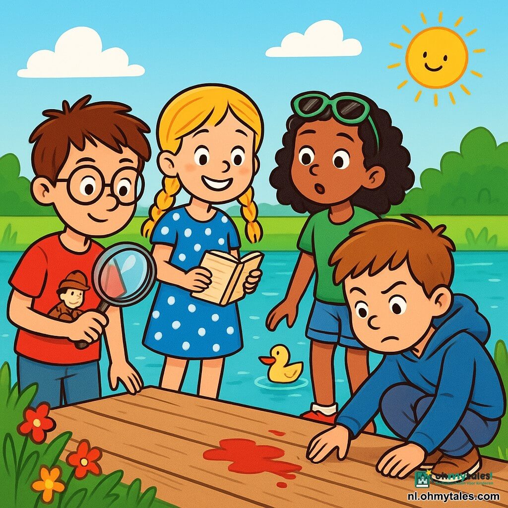 Er zijn 4 kinderen: - Sam: een 9-jarig jongen met rommelig bruin haar en ronde bril. Hij houdt een grote, glanzende vergrotglas vast en draagt een rood t-shirt met een detective-tekening. - Fien: een 8-jarig meisje met gevlochten blond haar en een stralende glimlach. Ze draagt een blauwe stippenjurk en houdt een klein notitieboekje in haar handen. - Noor: een 9-jarig meisje met krullend zwart haar en een zonnebril op haar hoofd. Ze draagt een groene t-shirt en een spijkerbroekshort, en kijkt nieuwsgierig om zich heen. - Bram: een 8-jarig jongen met kastanjebruin haar en een ondeugend gezicht. Hij draagt een blauwe hoodie en zit in een hurkpositie, terwijl hij geconcentreerd naar een jamvlek op de grond kijkt. De kinderen staan op een houten pier boven een glinsterende vijver. De zon schijnt en er zwemmen rustig eenden in de buurt. Kleurrijke bloemen omringen de pier en voegen kleur toe aan de scène. De kinderen zijn bezig een mysterie op te lossen: ze ontdekken rode jamvlekken op het hout van de pier, terwijl Sam zijn vergrotglas gebruikt om de aanwijzingen te onderzoeken. De andere kinderen kijken opgewonden, klaar om het mysterie van de verdwenen jam te ontrafelen.