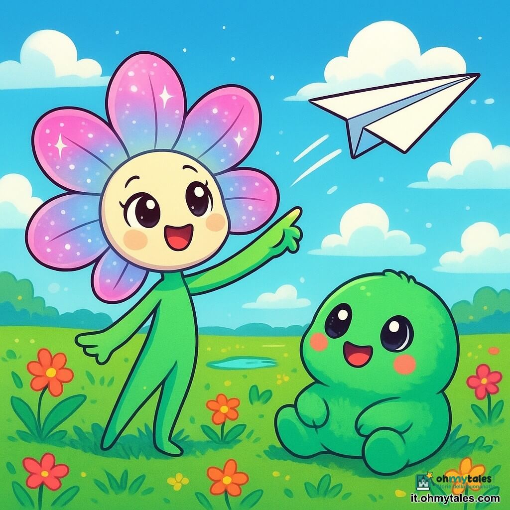 Kiku, una lumafolia dai petali scintillanti e traslucidi, sorride con occhi pieni di curiosità. Si trova in piedi su un terreno verdeggiante, circondata da fiori vivaci, mentre tiene un piccolo aereo di carta che ha appena lanciato in aria. Bobo, un extraterrestre rotondo e peloso di colore smeraldo, osserva con meraviglia, i suoi grandi occhi brillanti di gioia. È seduto sull'erba, accanto a Kiku, con le mani appoggiate sulle ginocchia, pronto ad applaudire il volo dell'aereo. Il luogo è un vasto campo umido, punteggiato da piccole pozzanghere che riflettono il cielo blu e le nuvole soffici. I fiori colorati danzano dolcemente sotto la leggera brezza, creando un'atmosfera magica e gioiosa. La scena principale mostra Kiku che lancia il suo aereo di carta, mentre Bobo la incoraggia con un sorriso felice, entrambi immersi in un momento di scoperta e amicizia sotto un cielo luminoso.