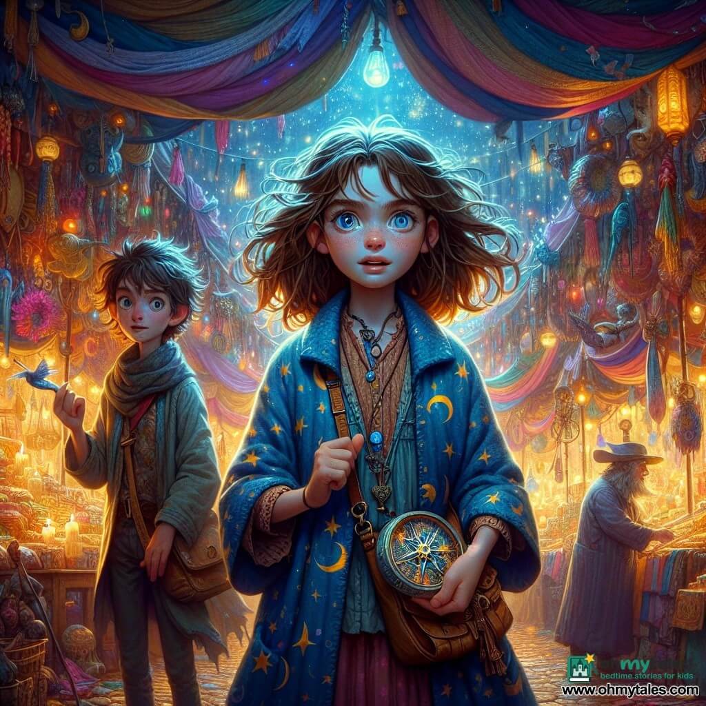 An 11-year-old apprentice witch named Kit stands center stage, her eyes shining with curiosity and excitement. She has messy brown hair, a blue dress adorned with moon and star patterns, and a small shoulder bag filled with potions. Kit holds a metal compass in her hand, determined to uncover the mysteries of the night market. Beside her is Jo, a 12-year-old boy with tousled hair and a mischievous smile, holding a bird-shaped whistle and marveling at the wonders of the market. In the background, Gran, an elderly woman with gray hair and round glasses, stands slightly back, arms crossed with a warm smile, proudly watching her granddaughter. The setting is a magical night market illuminated by colorful lanterns floating in the air, surrounded by wooden stalls filled with sparkling potions, ancient maps, and mysterious mirrors. The atmosphere is vibrant, filled with bright colors and enchanting sounds, creating a fairy-tale and warm ambiance. The main scene shows Kit, Jo, and Gran at the heart of this market as they discover magical items and meet fascinating characters, with a palpable sense of adventure and mystery in the air.