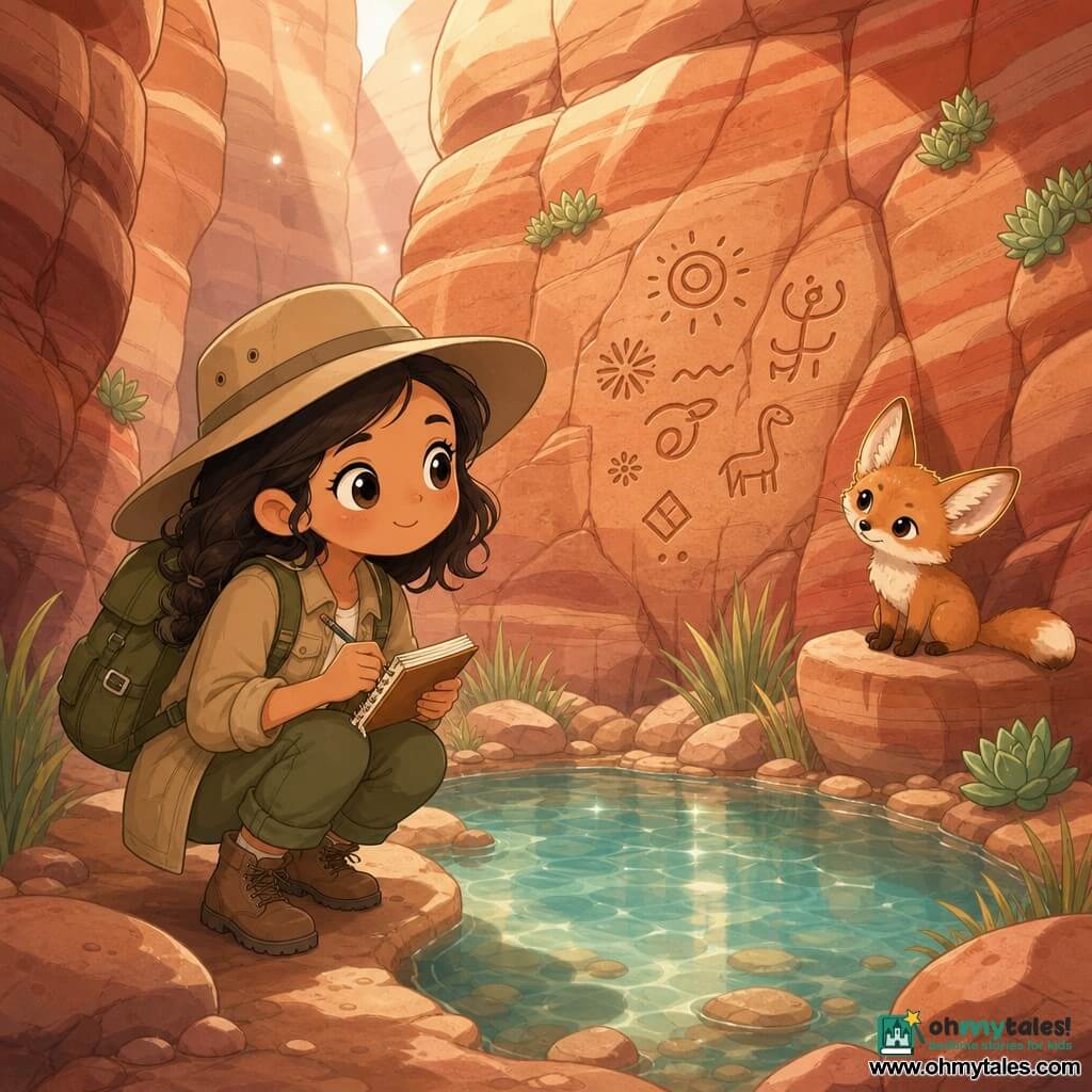 A happy, determined young woman explorer with bright eyes wears a beige wide-brim hat, an olive backpack, a light khaki jacket and dusty boots, crouching to write in a small notebook by a shimmering circular oasis in an intimate ochre-and-red canyon; a small red desert fox with curious eyes watches from a rock to her right, head tilted; she studies and records carved symbols on the nearby wall, calm wonder, warm colors, soft contrasts, child-friendly centered composition.