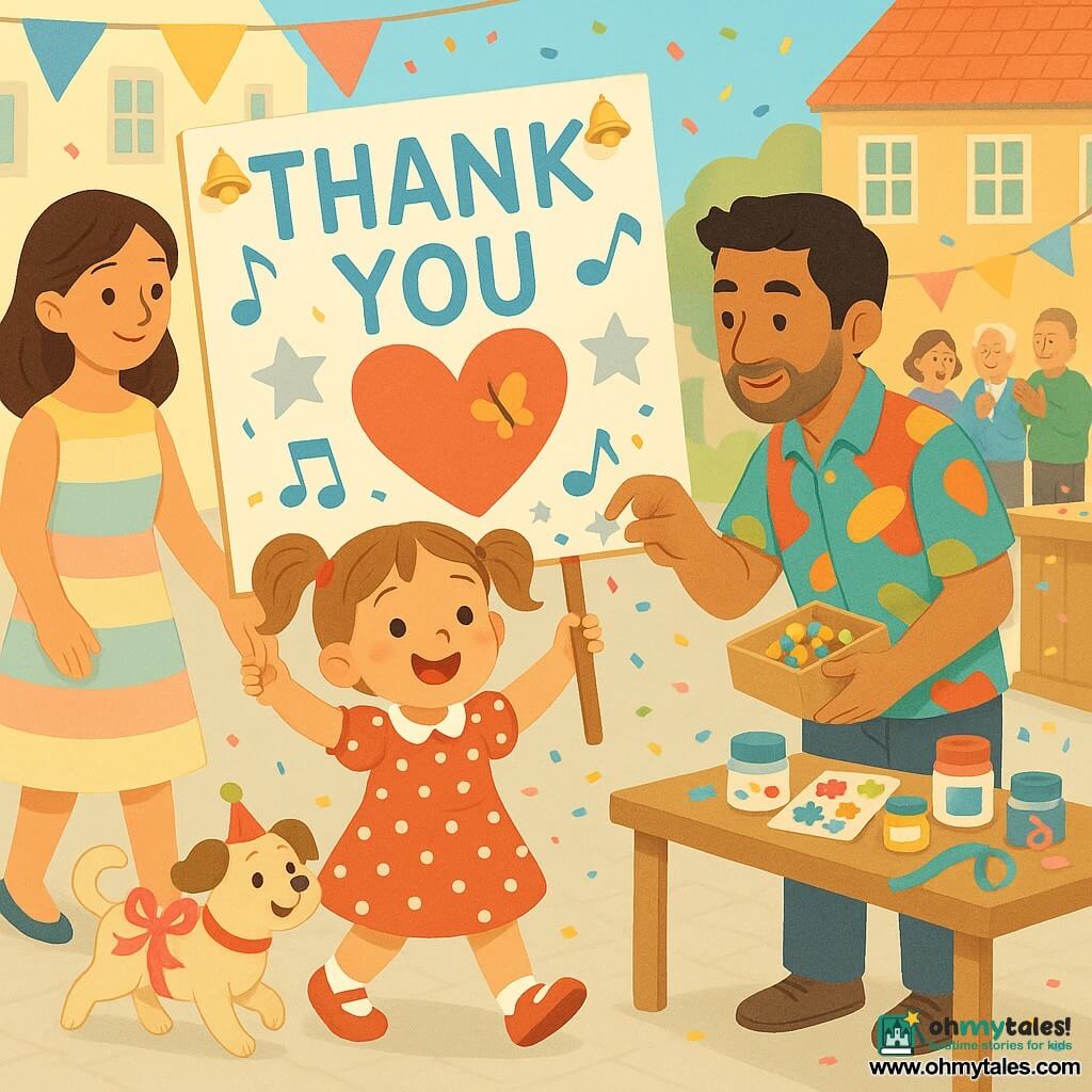 A joyful 4-year-old girl with light brown hair in pigtails, wearing a red-and-white polka dot dress and shiny red shoes, holds a painted cardboard sign with a red heart, blue musical notes, silver stars and jingling bells; her mother stands beside her with a gentle smile, holding her hand; a man named Jorge in his 30s–40s with olive skin and a colorful shirt helps decorate the sign, placing stickers and holding a box of small bells; a small parade dog in a pink ribbon costume and party hat trots nearby; the sunny village square has light cobbles, blue, yellow and pink banners, a craft table with paints, stickers and ribbons, and a small wooden podium with confetti; the girl parades proudly holding her "THANK YOU" sign as bells ding, confetti floats around, a butterfly lands on the painted heart, and people smile and applaud.