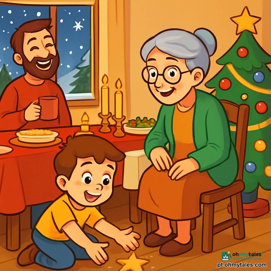Um menino de 6 anos, Tomás, com cabelo castanho e olhos brilhantes de curiosidade, está sentado no chão, com as mãos estendidas em direção a um botão dourado em forma de estrela, com um grande sorriso de admiração no rosto. Ao seu lado, uma mulher de cerca de 60 anos, a avó, com cabelo grisalho preso em um coque e óculos redondos, sorri ternamente enquanto lhe conta uma história, sentada em uma cadeira de madeira perto da mesa. Um homem de cerca de 35 anos, o pai, com barba castanha e um suéter vermelho, ri alegremente segurando uma caneca de chocolate quente, em pé perto da janela. A cena ocorre em uma acolhedora sala de jantar decorada para o Natal, com uma grande mesa coberta por uma toalha vermelha, pratos brilhantes e velas douradas que iluminam o ambiente. Flocos de neve caem suavemente do lado de fora, criando uma paisagem mágica através da janela. A situação principal mostra Tomás descobrindo o botão-estrela sob a mesa, um momento mágico de curiosidade e alegria, cercado pelo amor e calor de sua família, enquanto a magia do Natal envolve o ambiente.