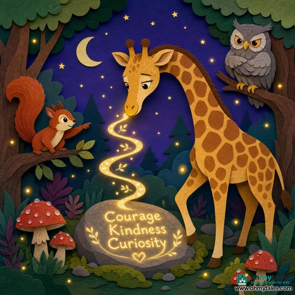 A tall, slender giraffe with golden, light-brown-spotted fur, gentle and shy, stretches its neck to read a ribbon of light and rests a delicate hoof on moss while a small red squirrel on a low left branch points the way and a round serious gray owl with amber eyes on a high right branch watches; fireflies float as yellow pinpricks; the enchanted forest clearing has emerald moss, red-capped dewy mushrooms, textured trunks and a violet-blue night sky; the giraffe discovers the ribbon writing a luminous message on a smooth central stone, creating a soft, magical atmosphere of wonder.