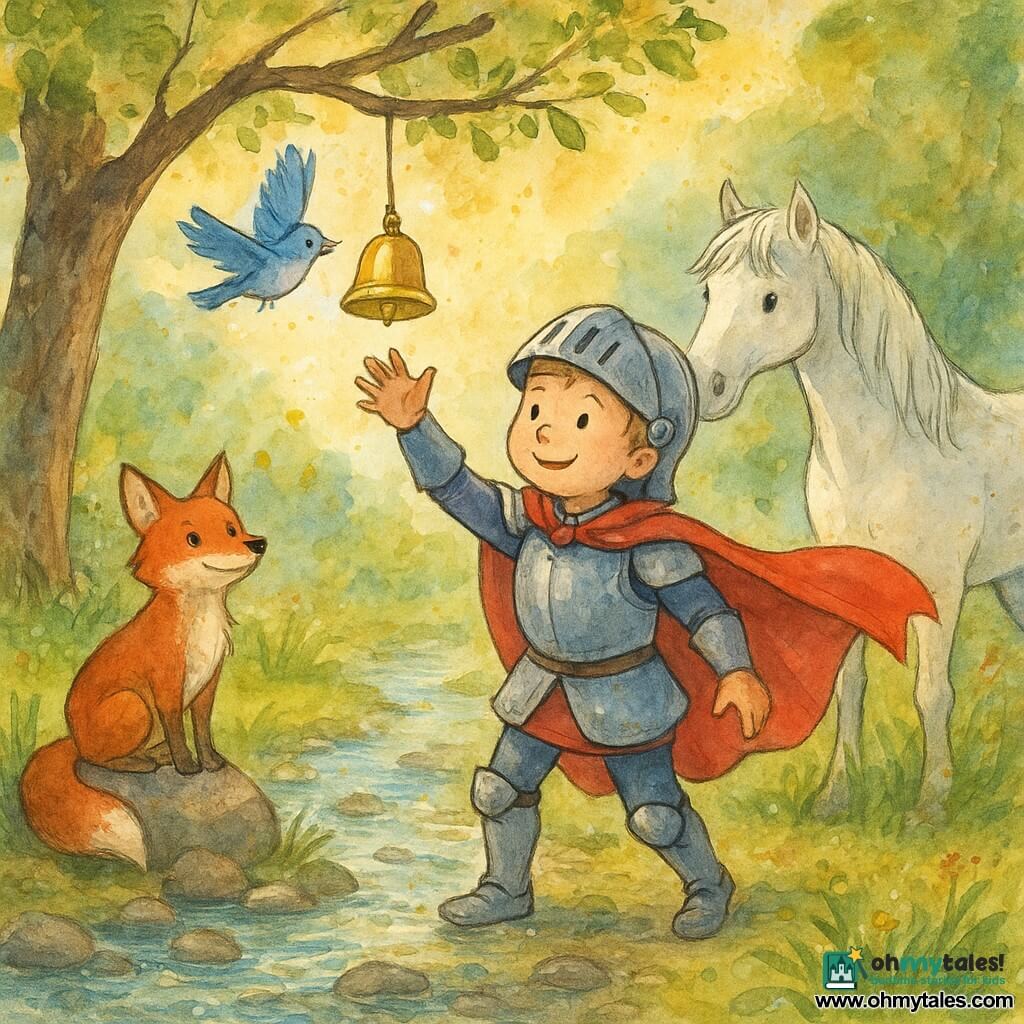 Sir Teddy, a determined eight-year-old knight with slightly dented shining armor and a red cape billowing, reaches for a small golden bell stuck on a low branch as it glints in the late-afternoon light and begins to fall into his outstretched hand; behind him stands Star, the white horse with a soft breath and wispy mane ready to step back, while Felix the red fox sits on a stone to the left, ears up and watching from the stream’s edge, and Blue, a small female blue bird, flutters near the branch to nudge the bell; the scene is a clear, sparkling stream with wet round pebbles, green grasses, wildflowers, textured tree trunks and watercolor foliage, warm colors and controlled splashes of paint creating a joyful, serene atmosphere.