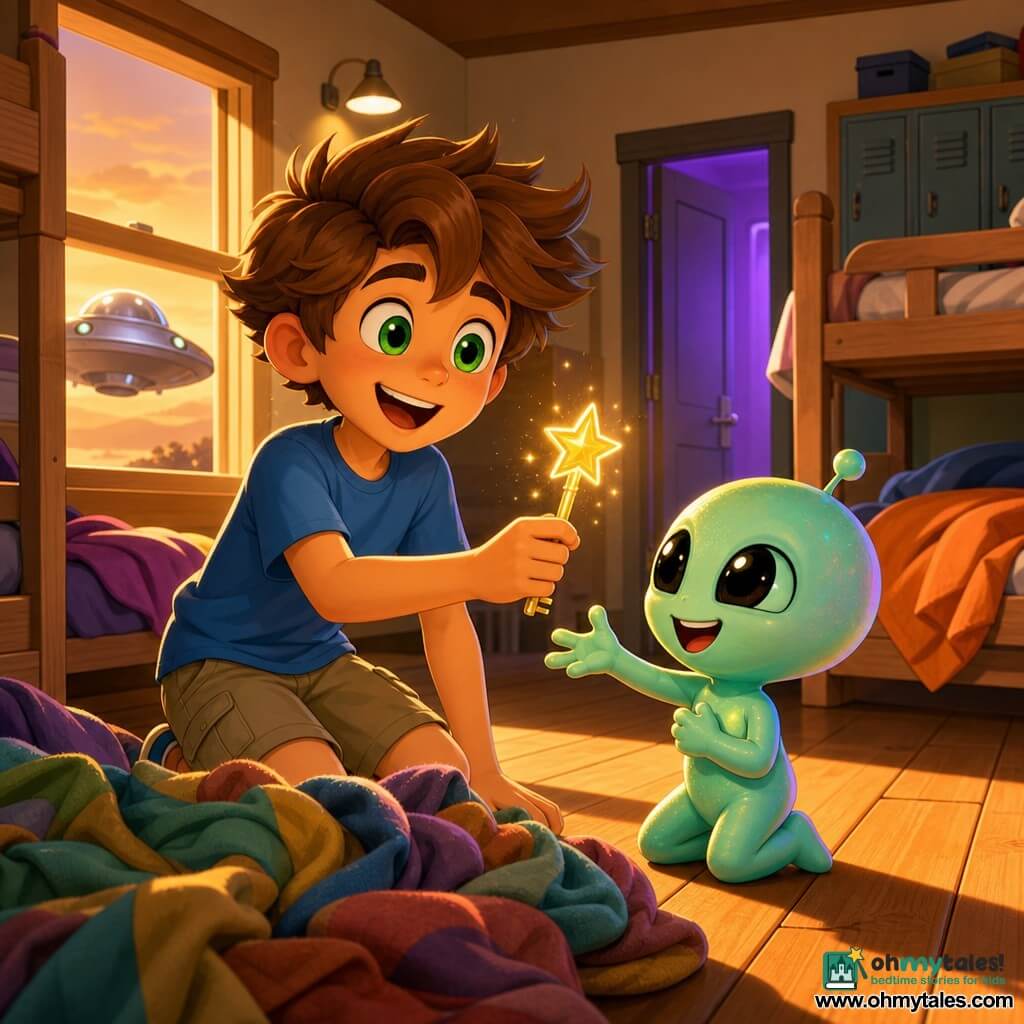 An 8-year-old boy, Max, smiling and amazed with tousled light brown hair and bright green eyes, wearing a blue t-shirt and khaki shorts, holding a sparkling star-shaped key, body turned toward the light in a dynamic happy pose; a small round alien named Zog with iridescent mint skin, large soft black eyes and a smiling mouth kneels beside him, reaching a relieved hand toward the key; a small silver saucer is parked outside, visible through the dorm's open window, with metallic reflections and a partially open door emitting a purple glow; the dorm is simple and warm with light-wood bunk beds, rumpled colorful blankets, soft wall lamps, lockers in a corner and a wooden floor; it's twilight with golden light filtering through the window, long soft shadows and visible dust motes; the main moment shows Max finding the star key tangled in a multicolored blanket at the dorm corner and Zog expressing great relief— a slow-motion joyful friendship scene; visual style: warm saturated colors, crisp outlines, smooth slightly plastic textures and exaggerated, highly readable childlike facial expressions.