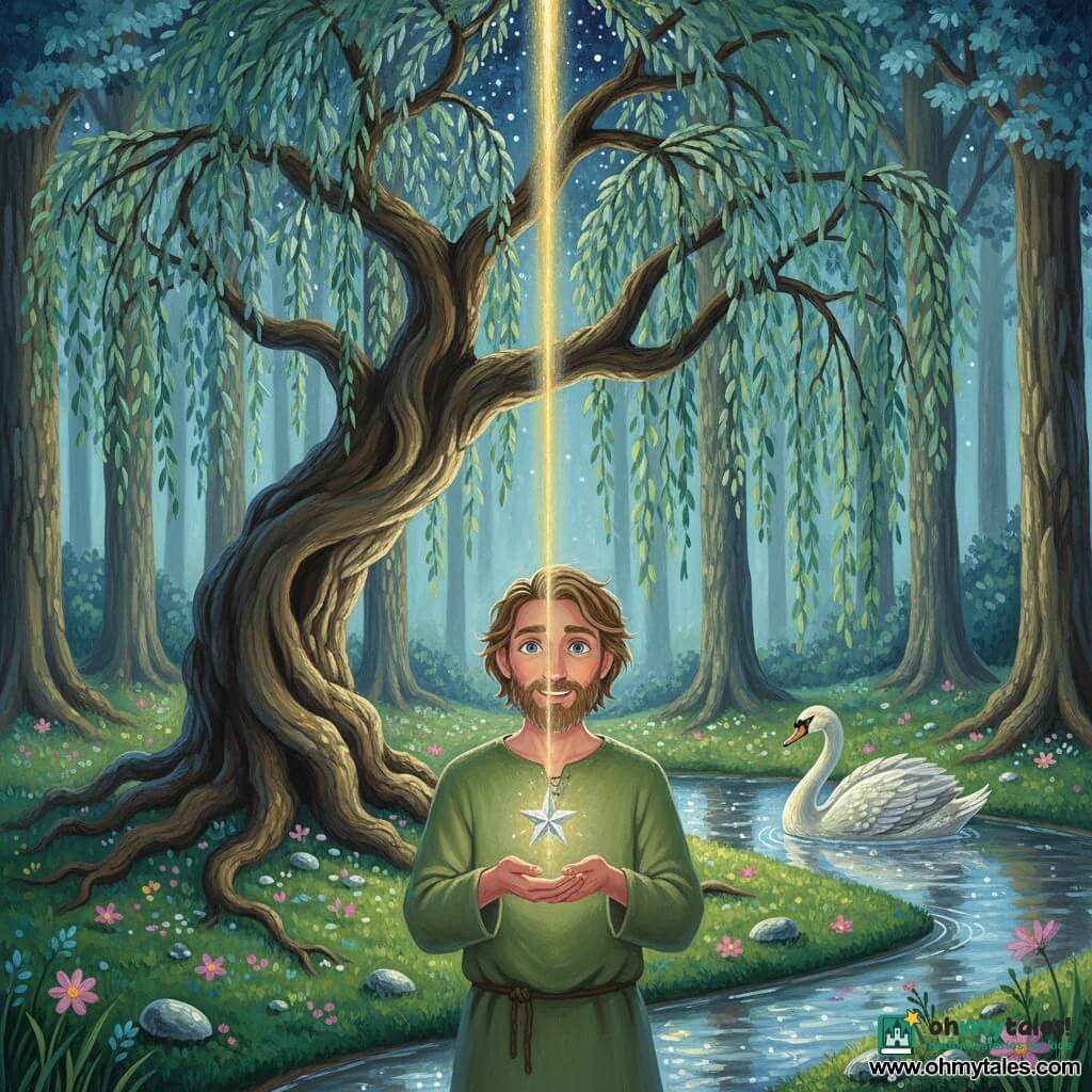 A man named Eldric, soft-featured and bearded with tousled light brown hair, wears a moss-green linen tunic and stands serene and amazed in the center of a clearing, holding a small glowing star in his open hands as a golden beam of light shoots from it toward the starry night sky while a path of light descends from the heavens to him; an ancient, massive weeping willow with a twisted trunk and silvery-green drooping branches bows above him, its roots visible, and a silver swan floats on a dead arm of a shimmering stream to the right, surrounded by tall trees with textured trunks and bluish foliage, emerald moss, luminescent pink and purple flowers, and scattered silver stones, the composition centered on Eldric’s hands and the ascending beam, with warm light contrasts against the cool tones of the woods.