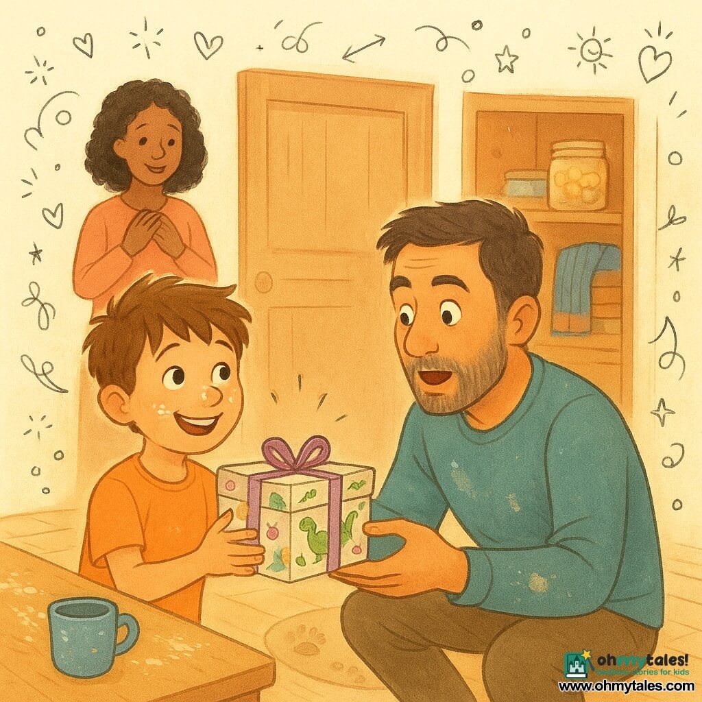 An 8-year-old boy with a flour-dusted nose and messy chestnut hair, smiling proudly, holds a small dinosaur-paper decorated box in front of an open coat cupboard; the father (35–40) with short salt-and-pepper hair and stubble, crouched and surprised, opens the box while the mother (30–40) stands by the door with hands on her heart, smiling; warm morning kitchen-living room with light wood floor, flour-stained table and a cookie jar in the open cupboard; tender moment as the boy gives a hidden box of notes and drawings to his father for Father's Day, warm colors, childlike details (crocodile drawings, chipped blue mug, small rug with footprints), soft-line pastel illustration with paper texture and doodle accents.