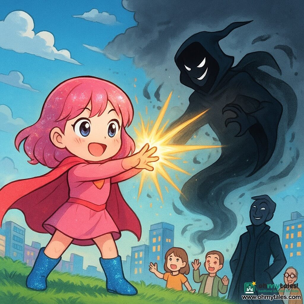 A round-faced smiling female superhero with pink stardust glitter hair, bright pink cape and sparkling blue boots, large kind eyes, focused and joyful, arms outstretched casting golden-yellow light rays that capture a swirling shadow; behind her stands Mister Gloom, an adult male spirit in a flowing dark coat with sharp features and mischievous eyes, laughing softly as his shadow is seized; a small group of relieved, amazed townspeople (a girl ~8, a boy ~10, adults) watch from a safe distance on a grassy hill at the city's edge, hands raised; textured green grass, cape rippling in the wind, Sparkleton skyline of colorful buildings with glowing windows, blue sky breaking through dissipating dark clouds; scene of light triumphing over shadow, strong contrast between warm rays and cold darkness, dynamic swirling motion, optimistic heroic mood, clear child-friendly manga style with bright colors, clean lines and friendly exaggerated expressions.