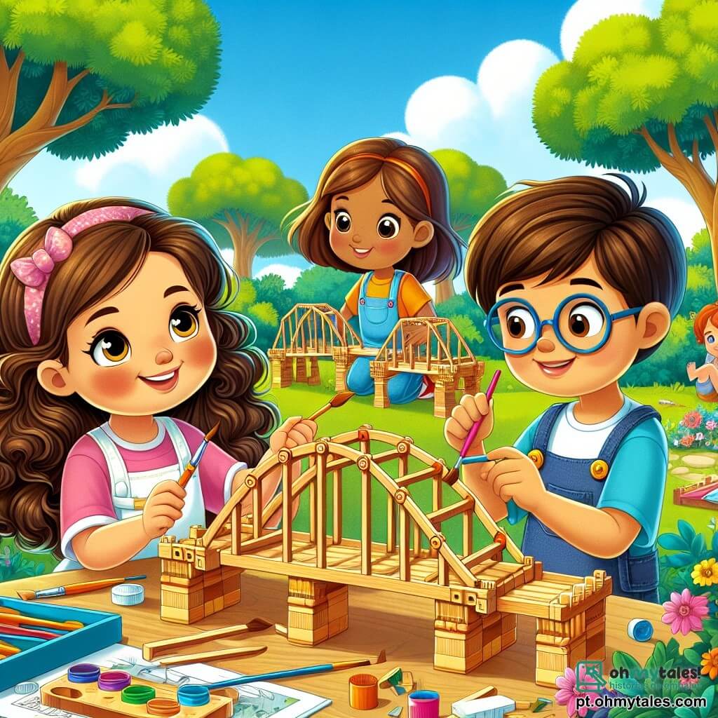 Clara, uma menina de 6 anos com grandes olhos brilhantes e cabelos castanhos cacheados, está construindo uma linda maquete de ponte de madeira. Ela tem um sorriso determinado, mostrando sua paixão pela engenharia. Ao seu lado, Ana, uma menina de 6 anos com cabelos longos e lisos, segura uma peça da estrutura, concentrada e entusiasmada. Pedro, um menino de 6 anos com óculos e cabelos curtos, está um pouco atrás, segurando pincéis coloridos para decorar a maquete, com um ar alegre no rosto. A cena acontece em um parque ensolarado, com árvores majestosas e flores coloridas ao redor de uma grande mesa de madeira onde as crianças trabalham. O céu é azul com algumas nuvens brancas, e amigos brincam ao longe, criando uma atmosfera alegre. A situação principal mostra Clara e seus amigos colaborando para construir a ponte, ilustrando igualdade de gêneros e trabalho em equipe, com ferramentas e materiais espalhados ao redor, simbolizando sua criatividade e determinação em realizar o projeto juntos.
