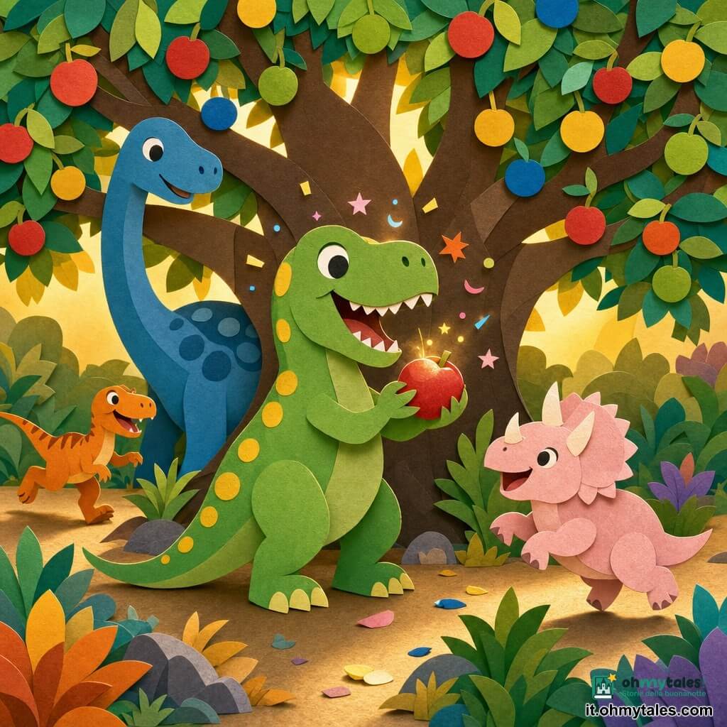 Un Tyrannosauro Rex di nome Tito, sorridente e meravigliato, dalle scaglie verde chiaro macchiettate di giallo, zampe grandi e piccole mani, tiene delicatamente un frutto rosso brillante nelle sue grinfie mentre lo assaggia sotto un enorme albero; a destra Trilly, un piccolo Triceratops rosa pallido con tre corna tonde, saltella di gioia, dietro Tito Dino, un grande Diplodoco azzurro dal collo lungo, si china a contemplare l'albero, e Lillo, un Velociraptor arancione vivo, corre sullo sfondo; l'albero ha rami larghi pieni di frutti arcobaleno e foglie a effetto carta ritagliata, luci dorate filtrano tra i rami e intorno a Tito scaturiscono piccole scintille colorate e sorrisi, atmosfera calda, colori vivaci e contorni netti come carta ritagliata.