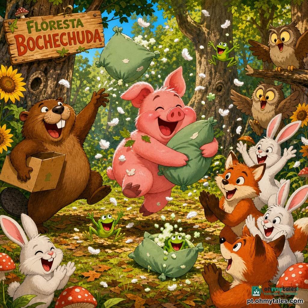 Um pequeno porco rosa de pelo lustroso e bochechas arredondadas, alegre e um pouco desajeitado, com algumas folhas de musgo nas costas segura uma grande almofada verde de espuma e pula rindo; o castor Bartolomeu, robusto e castanho, com cauda achatada e uma caixa vazia no ombro, está à esquerda lançando outra almofada e rindo; coelhos brancos, raposas ruivas e corujas de olhos grandes circundam a cena lançando almofadas e aplaudindo enquanto pequenas rãs verdes saltam; a clareira da Floresta Bochechuda é luminosa, com relva escura, folhas secas, árvores de tronco redondo, girassóis e cogumelos gigantes nas bordas; a cena central mostra uma batalha amistosa de almofadas de musgo com almofadas voando, penas e espuma no ar, expressões exageradas, cores saturadas, movimento dinâmico e estilo cartoon anos 90 com contornos nítidos, paleta quente, acabamento luminoso e texturizado, ambiente divertido e acolhedor.
