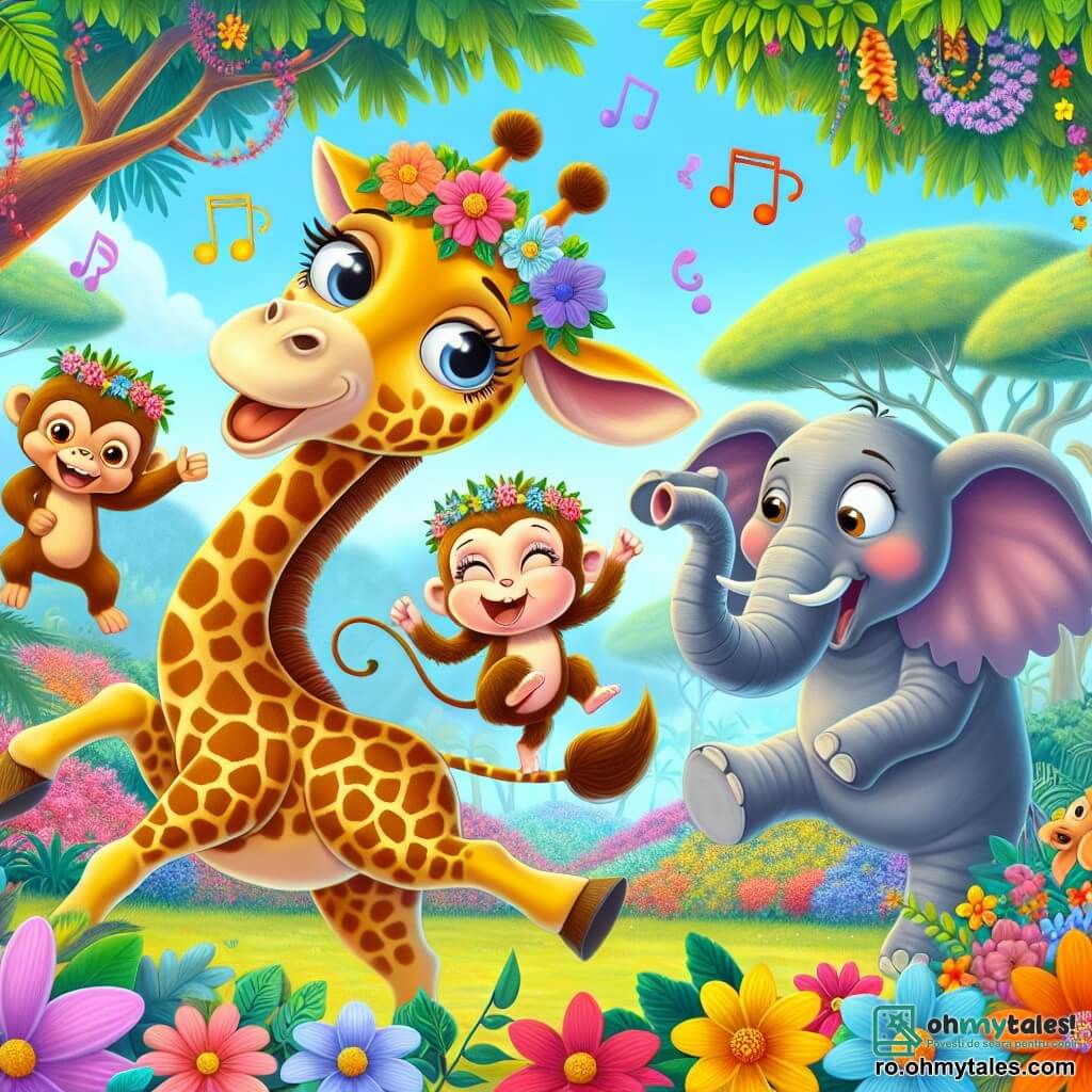 O girafă veselă numită Gina, cu un gât lung și pătat și ochi strălucitori de fericire, dansează în mijlocul unei junglei colorate, înconjurată de flori strălucitoare și frunziș luxuriant. Poartă o coroană de flori pe cap și are un mare zâmbet pe față, exprimându-și bucuria. Lângă ea, Bobo, o maimuță jucăușă, face piruete pe o ramură, râzând și încurajând-o pe Gina să danseze. Un elefant numit Elly, mare și impunător, se mișcă încet, adăugând o notă comică scenei. În fundal, jungla este plină de copaci măreți și animale curioase care privesc dansul cu uimire, creând o atmosferă festivă și plină de râsete.