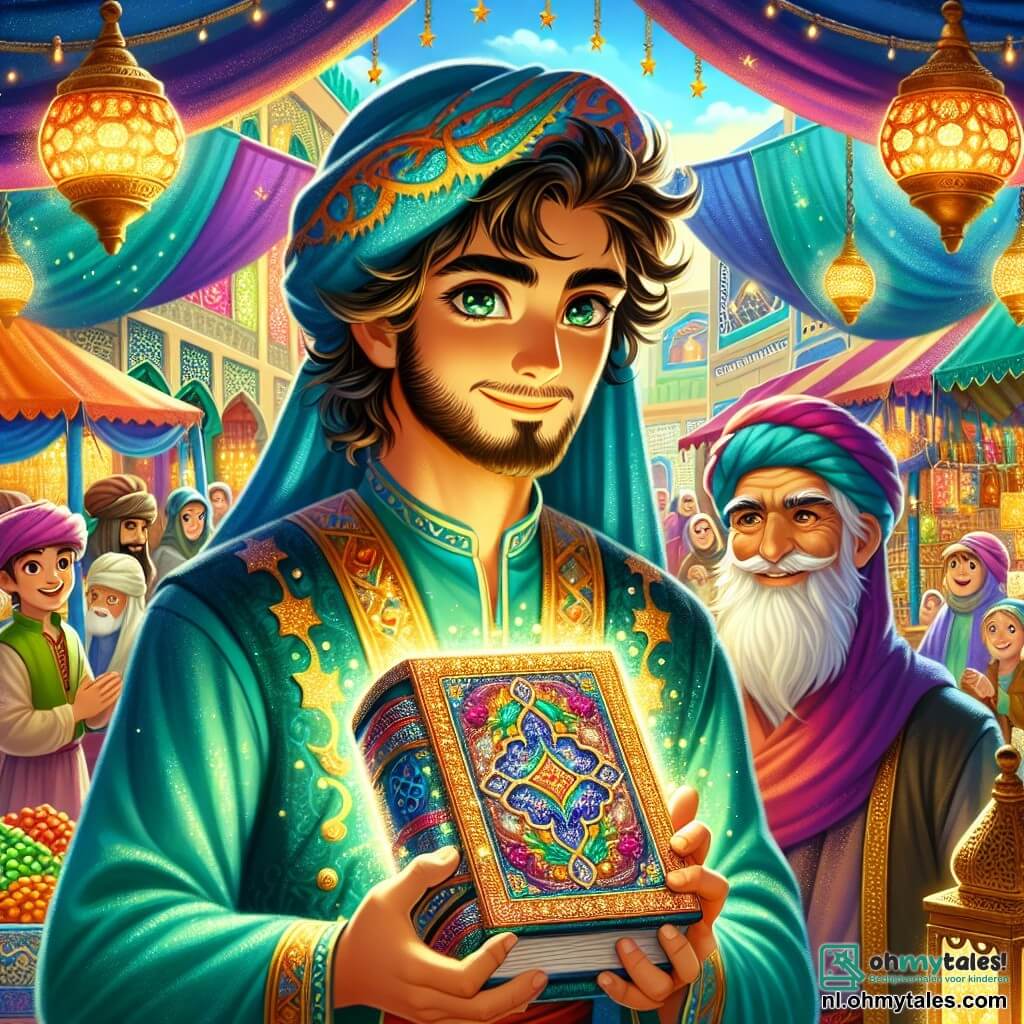 Een man genaamd Zayd, in zijn dertig, met sprankelende ogen en krullend bruin haar, staat in het midden van het podium, vastberaden en nieuwsgierig. Hij draagt een turquoise zijden tuniek versierd met gouden patronen en houdt een oud boek met glinsterende pagina's vast, klaar om zijn geheimen te ontdekken. Naast hem staat een oude man genaamd Farid, ongeveer 70 jaar oud, met een lange witte baard en een kleurrijke tulband, die warm glimlacht. Hij staat iets naar achteren met gekruiste armen en kijkt met trots naar Zayd. Iets verderop kijkt Sultan Haroun, een man van in de vijftig, in een rijke donkergroene fluwelen mantel, met intense interesse naar de scène, zijn ogen stralend van wijsheid. De scène speelt zich af in een drukke bazaar, vol kleurrijke tenten die in de wind wapperen, schitterende lantaarns en kraampjes vol exotisch fruit en specerijen. Kinderen lachen en spelen eromheen, terwijl handelaren hun waren aanprijzen. Zayd, Farid en de Sultan staan voor een oud magisch boek, omgeven door een aura van mysterie, klaar om in een boeiende avontuur te duiken. Het boek straalt een gouden licht uit, dat de aandacht van iedereen trekt, terwijl kleurrijke rookpluimen om hen heen stijgen, wat de magie suggereert die hen te wachten staat.