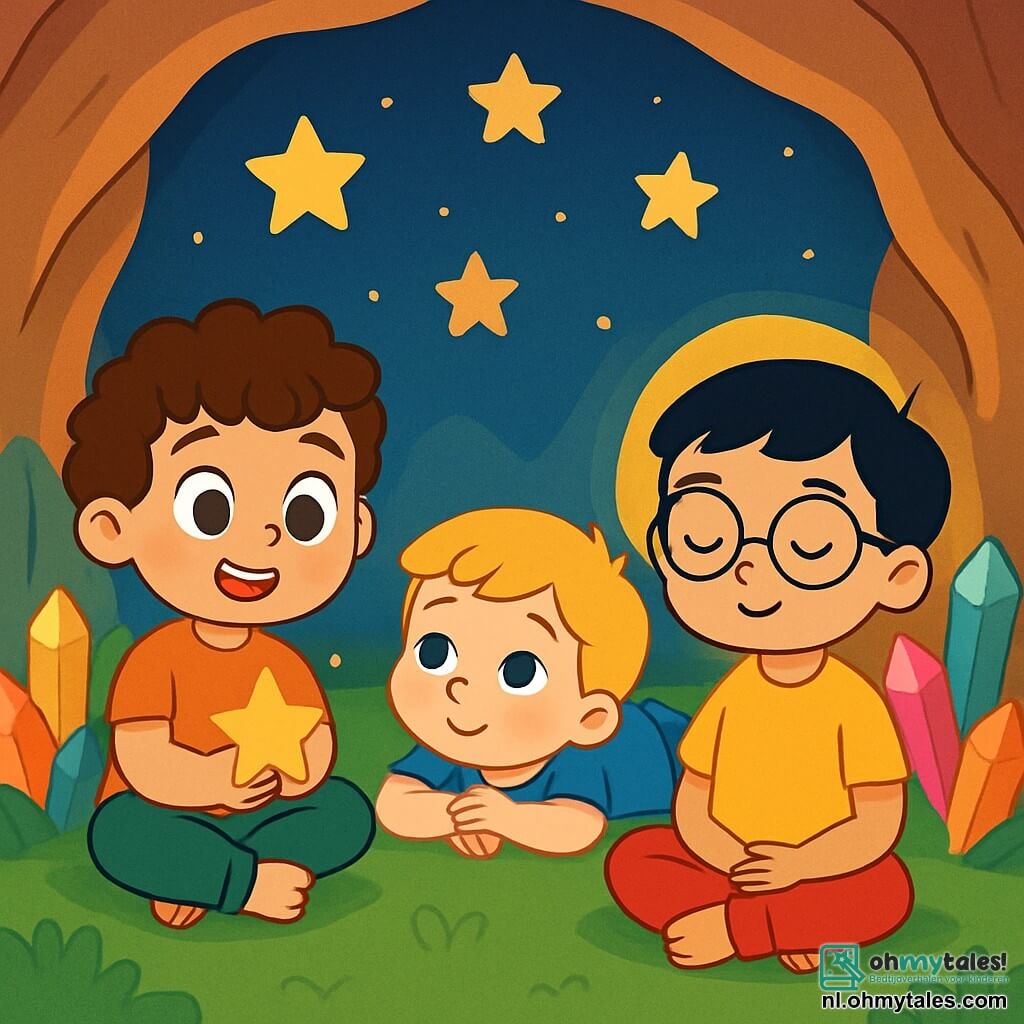 Er zijn 3 personages: - Een 5-jarig jongetje met krullend bruin haar en grote sprankelende ogen. Hij zit met gekruiste benen, glimlachend, met een kleine glinsterende ster in zijn hand. - Een 4-jarig jongetje met blond, steil haar, in een blauwe t-shirt. Hij ligt op zijn buik, met zijn armen onder zijn kin, kijkend naar de fonkelende sterren op het plafond van de grot. - Een 6-jarig jongetje met zwart haar en ronde bril. Hij zit tegenover de andere twee, met gesloten ogen, diep ademhalend en omringd door een zachte lichtstraal. De locatie is een grote grot met glinsterende muren, versierd met kleurrijke kristallen die een zachte en rustgevende licht uitstralen. De vloer is bedekt met een tapijt van groene, zachte mos, wat een warme en comfortabele sfeer creëert. Boven hen straalt een sterrenplafond met gouden sterren die langzaam lijken te dansen. De hoofdscène toont de drie jongens die diep ademhalen, omringd door een kalme en serene sfeer. Ze laten zich meevoeren door het zachte gezang van de wind dat om hen heen fluistert, terwijl de sterren zachtjes fonkelen, wat een magisch en vredig moment creëert voordat ze in slaap vallen.