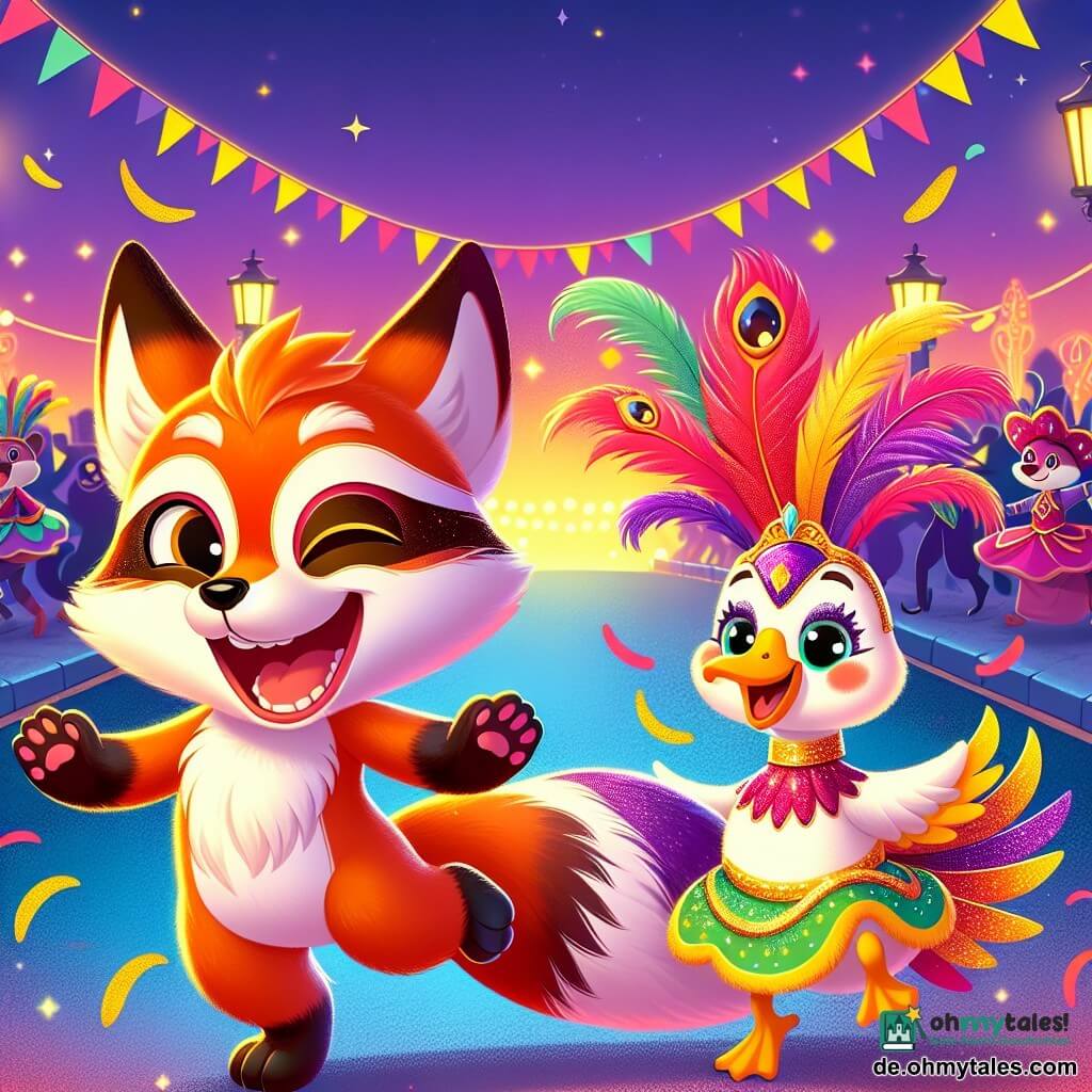 Ein strahlender Fuchs mit funkelnden Augen und leuchtendem Fell tanzt fröhlich auf einem Farbverlauf. Neben ihm hüpft eine kleine Gans mit glänzenden Federn und einem schillernden Kostüm, voller Freude, im Rhythmus mit ihren leuchtenden Augen. Im Hintergrund erhellt ein Dämmerungshimmel eine Karnevalparade auf einem breiten Erdweg, gesäumt von bunten Laternen und wehenden Fahnen. Die Szene ist erfüllt von Lachen und Musik, mit verkleideten Tieren, die zusammen tanzen und eine festliche, warme Atmosphäre schaffen.