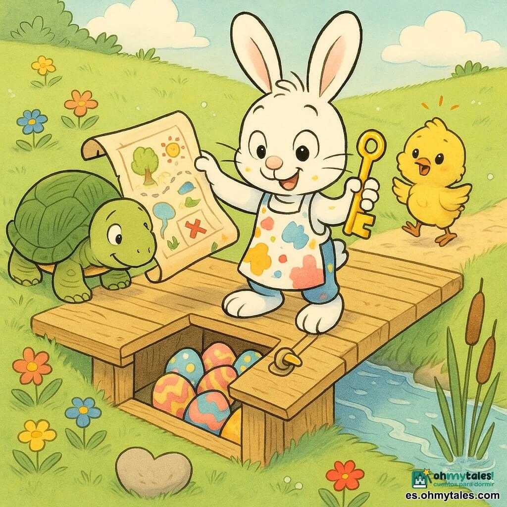 Un conejito blanco antropomorfo de orejas largas y flexibles, ojos traviesos, con delantal manchado de pintura, sonriente, sostiene una llave brillante de azúcar y un gran pergamino-mapa con símbolos coloridos; a su izquierda una tortuga amiga con caparazón verde de motivos de hojas mira el mapa apoyada en sus patas delanteras; a la derecha, junto al puente, un pollito amarillo y esponjoso aplaude y salta; todo en un puente de madera clara sobre un arroyo reluciente, hierba verde, flores coloridas, juncos en la orilla y una piedra en forma de corazón en primer plano; el conejito introduce la llave en una trampilla secreta del puente que se abre para revelar huevos de Pascua de chocolate de colores; ambiente suave y luminoso, colores pastel, trazos limpios y contornos entintados al estilo de cómic europeo, composición alegre y centrada, perspectiva infantil y texturas simples para niños de 4 años.