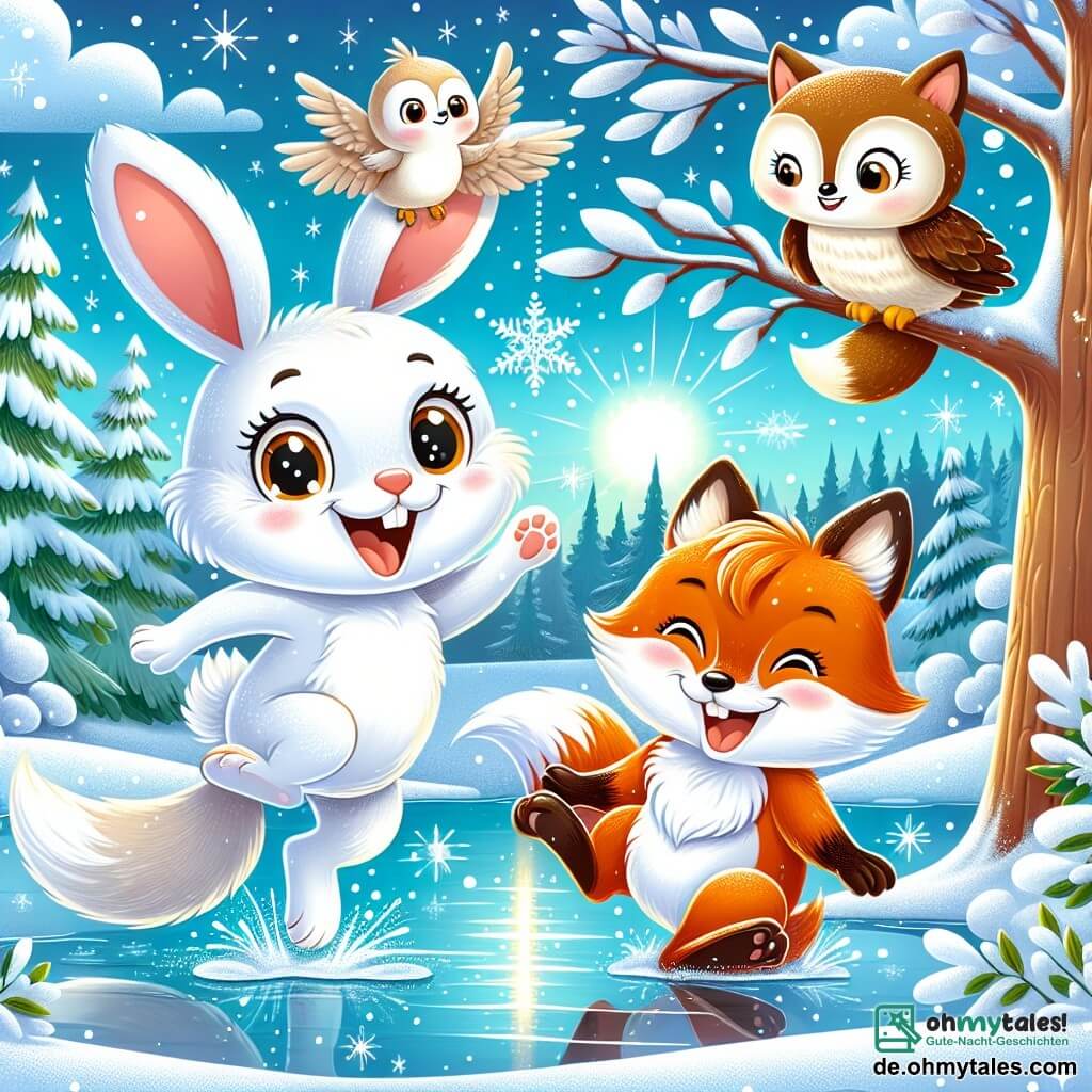 Ein kleiner weißer Hase namens Hopsi, mit großen neugierigen Augen und langen Ohren, hüpft fröhlich im glitzernden Schnee, ein strahlendes Lächeln auf seinem Gesicht. Neben ihm lacht ein schlauer Fuchs namens Felix, mit einem leuchtend orangefarbenen Fell und einem buschigen Schwanz, während er versucht, einen fallenden Schneeflocken zu fangen. Auf einem Ast sitzt eine weise Eule namens Ella, mit braunen Federn und runden Augen, die sie mit einem wohlwollenden Lächeln beobachtet und bereit ist, sie zu ermutigen. Die Szenerie zeigt eine wunderschöne Winterlandschaft mit schneebedeckten Bäumen, einem hellblauen Himmel mit weißen Wolken und einem kleinen gefrorenen Teich in der Ferne, auf dem die Sonnenstrahlen auf dem Eis tanzen. Die Szene fängt den fröhlichen Geist eines Wintertages ein, an dem die Freunde gemeinsam in einer magischen, verschneiten Welt Spaß haben.