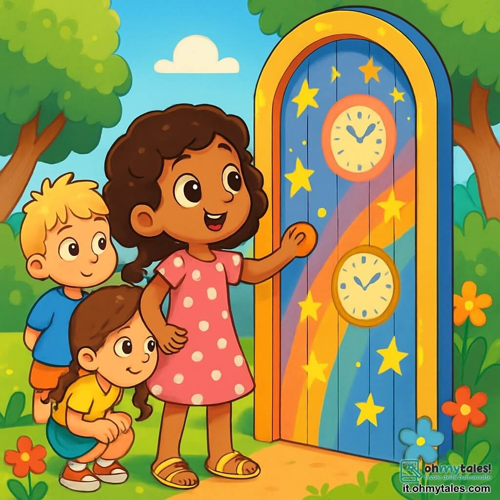 Una bambina di 6 anni, Sofia, con capelli castani e ricci, grandi occhi brillanti di curiosità, è davanti a una porta magica colorata, il viso illuminato dallo stupore. Indossa un vestito rosa a pois bianchi e sandali gialli, e tende la mano verso la maniglia della porta, pronta ad aprirla. Accanto a lei, il suo amico Luca, un ragazzo di 6 anni con capelli biondi disordinati e una maglietta blu, guarda la porta con un misto di eccitazione e apprensione. Giulia, un'altra amica di 6 anni, con capelli castani intrecciati, indossa una gonna verde e scarpe bianche, e si china leggermente in avanti, impaziente di scoprire cosa si nasconde dietro la porta. Il luogo è un giardino soleggiato, pieno di fiori colorati e grandi alberi verdi, con un cielo blu brillante sullo sfondo. La porta, decorata con motivi di stelle e orologi, sembra scintillare alla luce del sole, creando un'atmosfera magica e intrigante. La scena principale mostra Sofia, Luca e Giulia, riuniti attorno alla porta, pronti a entrare in un mondo di avventure straordinarie, con i volti raggianti di anticipazione e gioia.