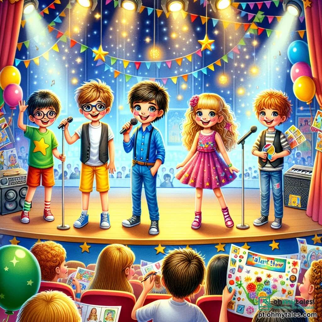Em um auditório colorido, quatro crianças estão no palco, cercadas por luzes brilhantes e decorações festivas. Pedro, um menino de nove anos com cabelos castanhos e óculos, sorri entusiasmado segurando um microfone. Ele usa uma camiseta azul e um short amarelo. Ana, uma menina de nove anos com cabelos longos e loiros, está ao lado dele, vestida com um vestido rosa, cantando alegremente com estrelas nos olhos. Lucas, um menino de nove anos com cabelos negros desgrenhados, está preparando cartas de mágica, vestido com um colete preto e uma calça vermelha, exibindo um grande sorriso. Sofia, uma menina de nove anos com cabelos castanhos e cacheados, está um pouco afastada, segurando quadros coloridos que pintou, usando uma camiseta verde e jeans. O auditório está cheio de pais e alunos, todos aplaudindo com entusiasmo. Balões coloridos flutuam no teto, e cartazes feitos à mão decoram as paredes, anunciando a "Festa dos Talentos". A cena principal mostra as crianças compartilhando seus talentos para arrecadar fundos para ajudar famílias necessitadas, criando uma atmosfera de solidariedade e alegria.
