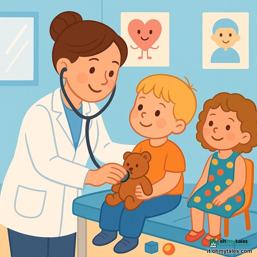 Una dottoressa, la dottoressa Anna, sorridente e benevola, indossa un camice bianco e ha uno stetoscopio appeso al collo. Ha i capelli castani raccolti in un chignon e occhi che brillano di dolcezza. Sta visitando un bambino di 4 anni, con capelli biondi e guance rosa, seduto su un tavolo di visita. Lui la guarda con curiosità, tenendo un piccolo orsetto di peluche tra le braccia. Nella stanza, un'altra bambina di 3 anni con capelli ricci e un vestito colorato osserva sorridendo, seduta su una sedia, impaziente di vedere cosa succede. La stanza è luminosa, con pareti dipinte di azzurro chiaro, poster di cartoni animati sulla salute e giocattoli colorati sparsi sul pavimento. La scena principale mostra la dottoressa Anna che ascolta il cuore del bambino con lo stetoscopio, mentre lui sorride, rassicurato dalla sua presenza calorosa.