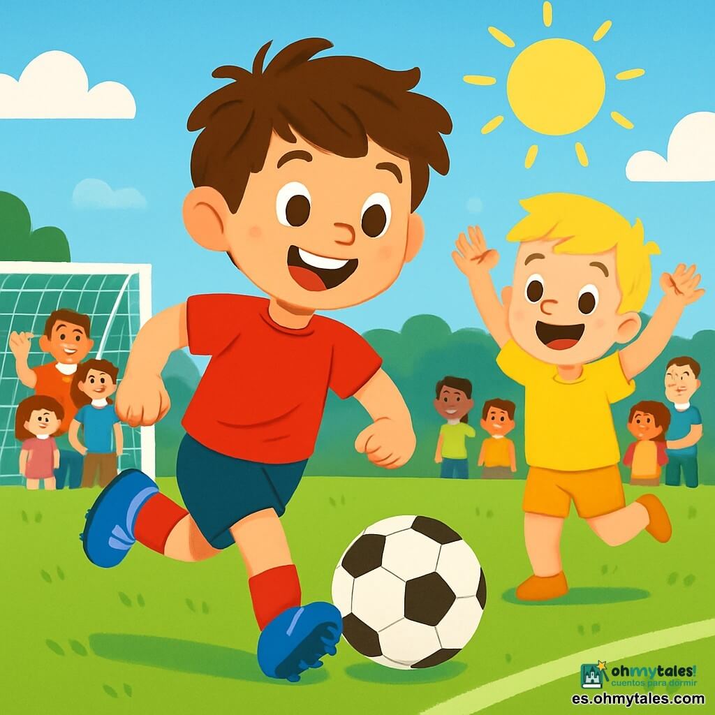Un joven llamado Tomás, de unos 8 años, lleva una camiseta roja brillante y zapatos de fútbol azules. Tiene el cabello castaño desordenado y una gran sonrisa de alegría en su rostro, lleno de emoción. Corre en un campo de fútbol verde, con el balón a sus pies, listo para marcar un gol. A su lado, su amigo Lucas, también de 8 años, tiene el cabello rubio y lleva un pantalón corto amarillo. Lo anima levantando los brazos, con una sonrisa entusiasta. Al fondo, una multitud de padres y niños se reúne alrededor del campo, bajo un cielo azul brillante. La escena principal muestra a Tomás en plena acción, corriendo hacia la portería con determinación, mientras el sol brilla en el campo de juego, creando un ambiente alegre y dinámico.