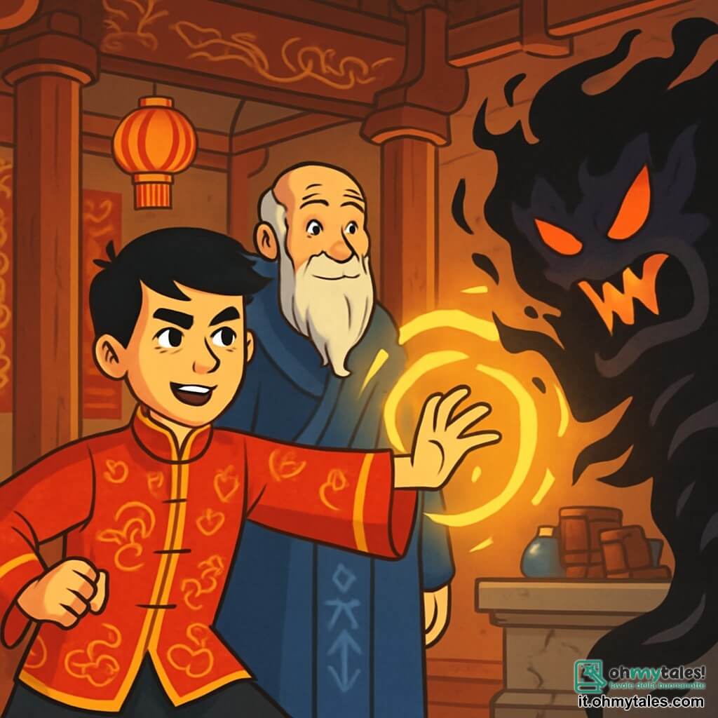 Liang, un giovane di circa 20 anni, ha capelli neri e lisci, indossa una tunica tradizionale di seta rossa decorata con motivi dorati. Il suo volto esprime determinazione e coraggio, con occhi brillanti che riflettono una luce di speranza. Si erge fermo, con le braccia alzate, mentre lancia un potente incantesimo, circondato da un'aura luminosa. Accanto a lui c'è il Guardiano dello Spirito, un uomo di circa 70 anni, con una lunga barba argentata e occhi saggi. Indossa una veste di tessuto blu scuro, ricamata con simboli antichi, e osserva Liang con orgoglio, pronto a offrirgli supporto. La scena si svolge in un antico tempio cinese, con colonne maestose in legno intagliato e lanterne sospese che diffondono una dolce luce dorata. Motivi di draghi e nuvole decorano le pareti, mentre un altare in pietra è visibile al centro, coperto di libri antichi e oggetti magici. Liang affronta una minaccia oscura, con un'energia magica vorticosa attorno a lui, mentre si prepara a sigillare un potente demone, creando un'atmosfera di tensione e avventura.