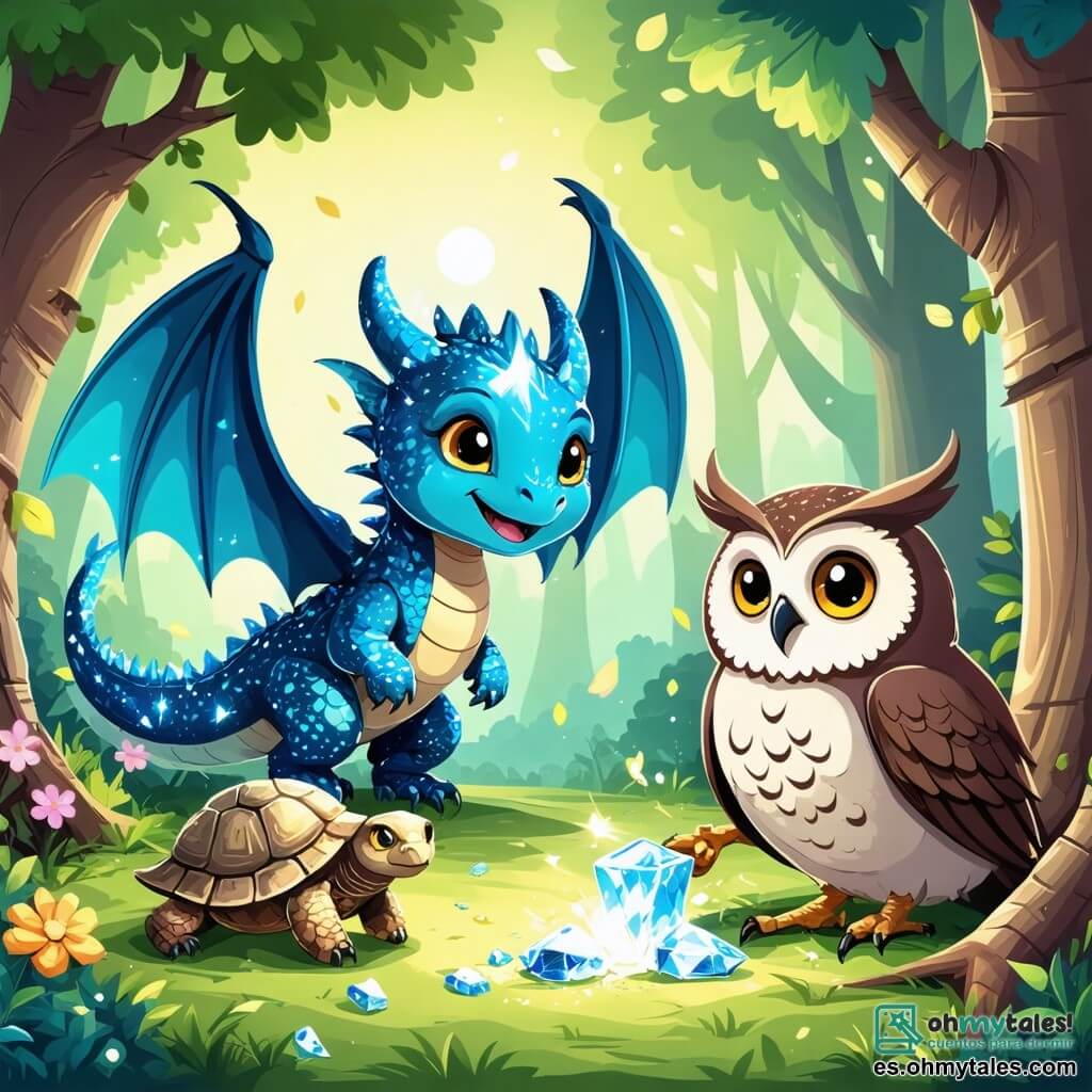 Un pequeño dragón con escamas brillantes que parecen diamantes vuela alegremente sobre un claro del bosque, con una amplia sonrisa en su rostro y ojos llenos de determinación y entusiasmo. A su lado, un sabio búho de plumas marrones y grandes ojos amarillos observa la escena con una expresión seria pero benevolente, posado en una rama. En el suelo, una tortuga de caparazón colorido, con una actitud tranquila y reflexiva, recoge basura con sus patas, mostrando su compromiso con la protección de la naturaleza. El lugar es un claro verde rodeado de majestuosos árboles con hojas brillantes, donde flores multicolores florecen y un arroyo cristalino serpentea suavemente, reflejando la luz del sol. La situación principal muestra al dragón y sus amigos organizando una gran fiesta para concienciar a los humanos sobre la protección de la naturaleza, con decoraciones florales y juegos divertidos que atraen la atención de los curiosos visitantes.