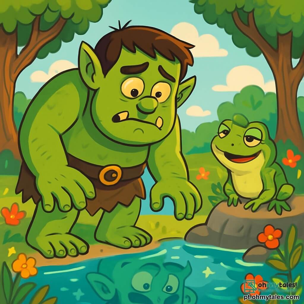 Um ogro chamado Grol, grande e imponente, com pele verde musgo e olhos dourados brilhantes, está à beira de um lago mágico. Sua expressão é ao mesmo tempo curiosa e um pouco assustada, suas grandes mãos peludas tremem levemente. Ao lado dele, um velho sapo sábio chamado Sibilo, com pele verde manchada e olhos travessos, está em uma pedra, falando com ele com um sorriso encorajador. O lago brilha sob a luz do sol, cercado por árvores de troncos retorcidos e flores coloridas que dançam ao vento. A cena principal mostra Grol descobrindo seu reflexo na água, percebendo que foi transformado e buscando respostas para seu novo desafio.