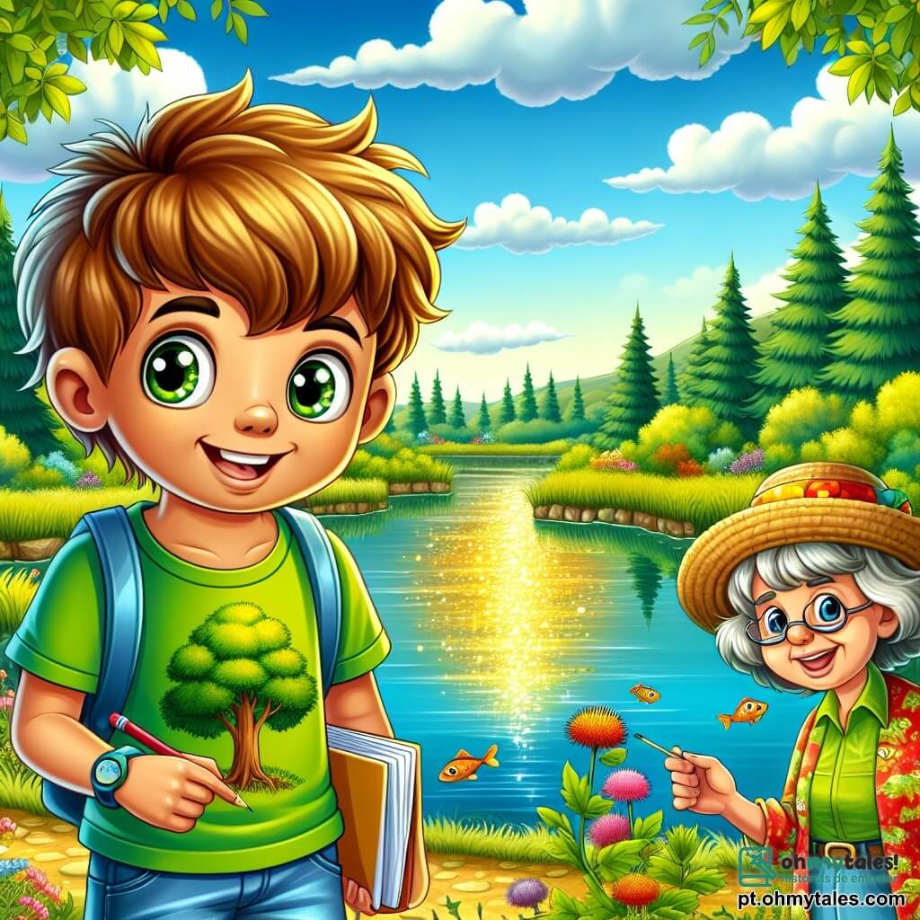 Um garoto de 10 anos, chamado Pedro, com cabelos castanhos bagunçados e olhos brilhantes de curiosidade, está em pé à beira de um lago, com o rosto iluminado por um grande sorriso de excitação. Ele veste uma camiseta verde vibrante com um padrão de árvore e um short jeans, segurando um bloco de notas e um lápis nas mãos, pronto para anotar sobre a natureza ao seu redor. Ao seu lado, uma mulher de cerca de 60 anos, Dona Joana, com cabelos grisalhos e um sorriso acolhedor, usa um chapéu de palha e uma blusa colorida. Ela se inclina levemente para Pedro, mostrando uma planta rara que cresce perto do lago e compartilhando sua sabedoria sobre a natureza. O cenário é uma reserva natural exuberante, com árvores majestosas, um céu azul com nuvens brancas fofas e flores silvestres coloridas ao longo do caminho. O lago brilha sob o sol, refletindo tons dourados e com alguns peixes saltando na superfície. A cena principal mostra Pedro e Dona Joana observando a natureza, enquanto Pedro anota sobre o estado do lago, determinado a ajudar a proteger esse ecossistema valioso.