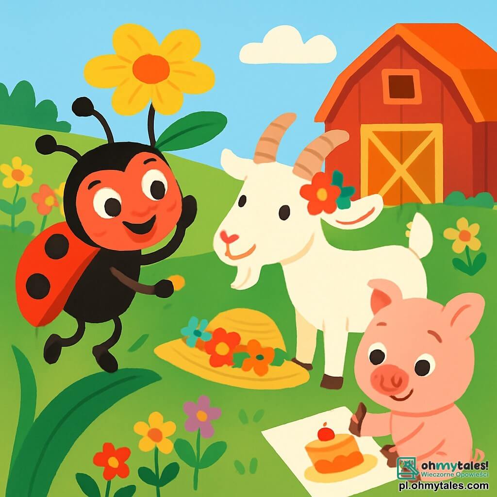 Mała biedronka o imieniu Basia, z jaskrawoczerwonymi skrzydłami pokrytymi czarnymi plamkami, uśmiecha się z iskierkami ciekawości w oczach. Skacze radośnie na zielonej trawie, trzymając w małych łapkach zabawny kapelusz w kształcie kwiatu. Obok niej koza o imieniu Krysia, z białą sierścią i zakrzywionymi rogami, patrzy na Basię z uśmiechem, trzymając kapelusz ze słomy ozdobiony kolorowymi kwiatami. Niedaleko mała świnka o imieniu Lalunia, z różową sierścią i okrągłymi oczami, rysuje kapelusz w kształcie tortu na kartce papieru. Sceneria to słoneczna farma z polami kolorowych kwiatów, jasnoniebieskim niebem i czerwoną stodołą w tle. Główna sytuacja pokazuje Basię i jej przyjaciół przygotowujących swoje zabawne kapelusze na konkurs, pełnych śmiechu i kreatywności.