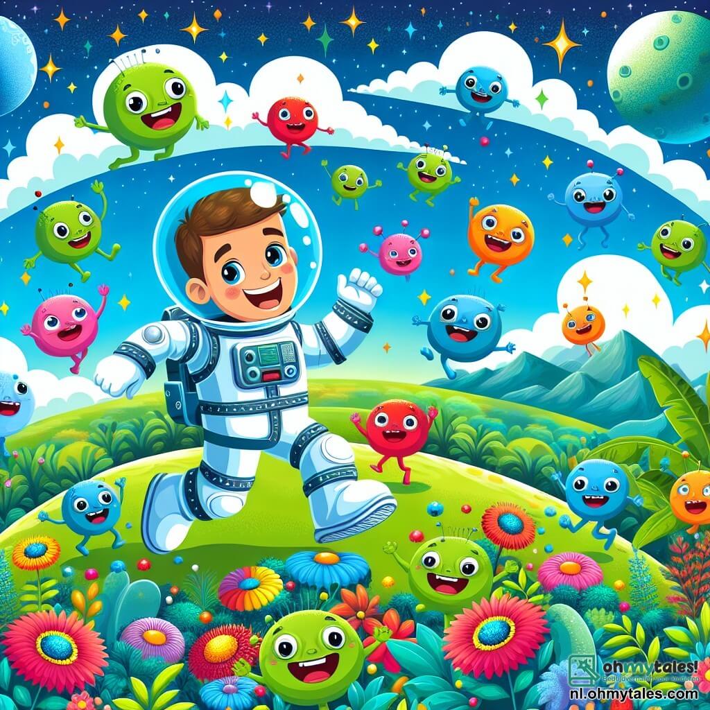 Een mannelijke astronaut genaamd Sam, met een grote glimlach en sprankelende ogen, draagt een felblauw ruimtepak met zilveren details. Hij danst vrolijk op een kleurrijke planeet, omringd door groene planten en schitterende bloemen. Kleine buitenaardse wezens, rond van vorm en in felle kleuren, springen om hem heen. Ze hebben grote, ronde ogen en lijken erg blij. Sommigen zijn vergelijkbaar in grootte met Sam, terwijl anderen kleiner zijn, en ze hebben allemaal plezier samen. Het decor is een groene planeet, met een heldere blauwe lucht bezaaid met donzige witte wolken. In de verte tekenen zich bergen af aan de horizon, en sterren schitteren zwakjes aan de hemel. De belangrijkste situatie toont Sam en zijn nieuwe buitenaardse vrienden die samen spelen, lachen en dansen, terwijl een lichte bries begint te waaien, wat een verandering in de sfeer aankondigt.