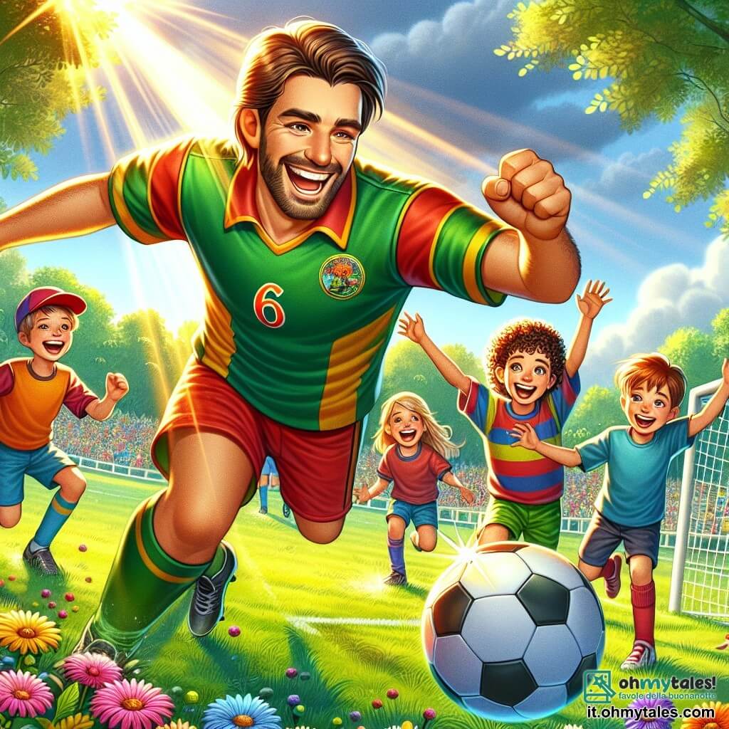 Un uomo alto e forte, con un sorriso splendente e capelli castani, dribbla un pallone da calcio su un campo verde. Indossa una maglietta colorata e pantaloni corti, e il suo sguardo è pieno di gioia e determinazione. Accanto a lui, un ragazzo di 8 anni con capelli ricci e una maglietta blu alza le braccia al cielo, gridando di eccitazione dopo un tiro spettacolare. Un altro ragazzo, di 7 anni, con un cappellino rosso, si prepara a ricevere la palla, i suoi occhi brillano di felicità. Il luogo è un parco soleggiato, con alberi verdi sullo sfondo, fiori colorati che circondano il campo e altri bambini che giocano in lontananza, creando un'atmosfera gioiosa e vivace. La scena principale mostra il momento in cui Marco, il protagonista, segna un gol incredibile, circondato da risate e applausi dei bambini, illustrando lo spirito di squadra e la gioia del gioco.