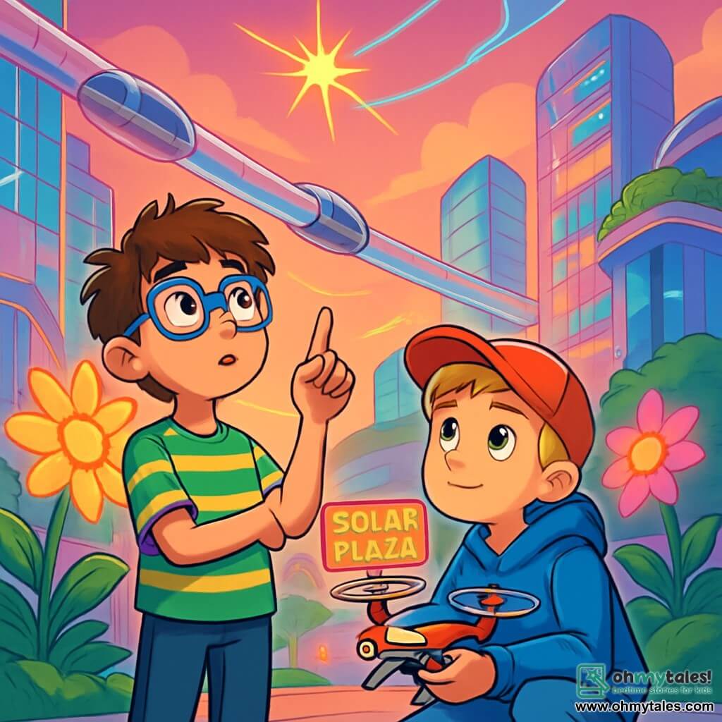 There are two main characters: Jaden, a 10-year-old boy with electric blue glasses, messy brown hair, and a green and yellow striped t-shirt, standing with his arms crossed, curiously looking up at the sky; and Milo, a 10-year-old boy with blonde hair and a red cap, wearing a blue hoodie, crouching and holding his Blip drone, a small brightly colored flying device ready to take off. The main setting is Solar Plaza, a large futuristic square surrounded by sparkling glass buildings and hanging gardens. Brightly colored solar flowers bloom around them, and transparent tubes transport silver pods overhead. The sky is tinted pink and orange, while colorful lights dance on the building facades. The main situation shows Jaden and Milo discovering a strange flickering in the energy network above them, with Jaden pointing at the glowing phenomenon while Milo, with Blip beside him, scans the sky with intrigue.