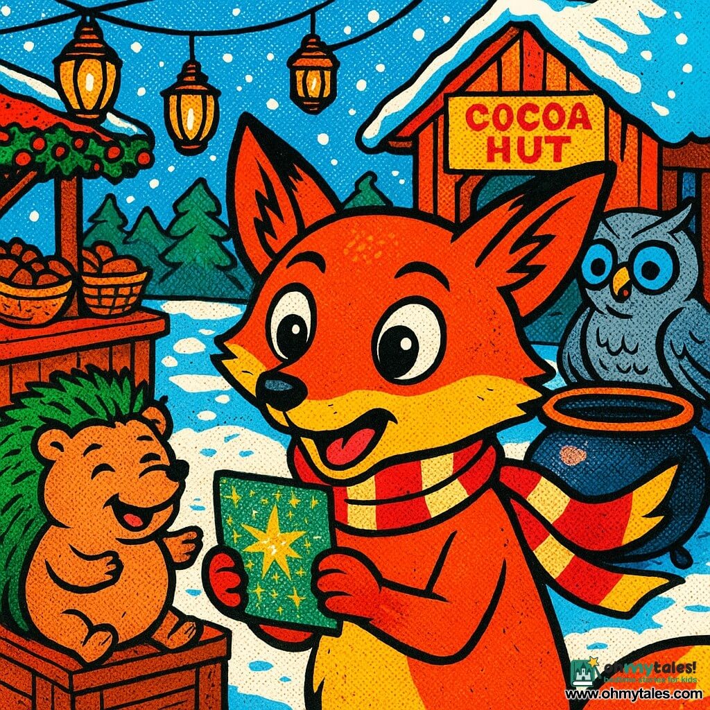Pip, a young red fox with bright eyes and an excited-anxious expression, holds a small sparkling map and wears a red-and-cream striped scarf fluttering lightly; Mayor Juniper, a grey owl with large round glasses perched on her beak, looks worried and stands near a large copper cauldron with folded wings in the background; a round, smiling hedgehog awkwardly sings a Christmas song on a wooden crate with pine needles on its back to the left; the scene is Pinecone Hollow market square covered in fresh snow with amber glass hanging lanterns, wooden stalls bearing baskets of acorns and holly garlands, and a small cottage labeled Cocoa Hut with a red wooden door; main action: Pip discovers a magical map and realizes the jar of peppermint dust is missing, composition focused on Pip in the foreground with the mayor and cauldron in the background, wintery atmosphere, bright contrasting colors and glittery touches on the map.