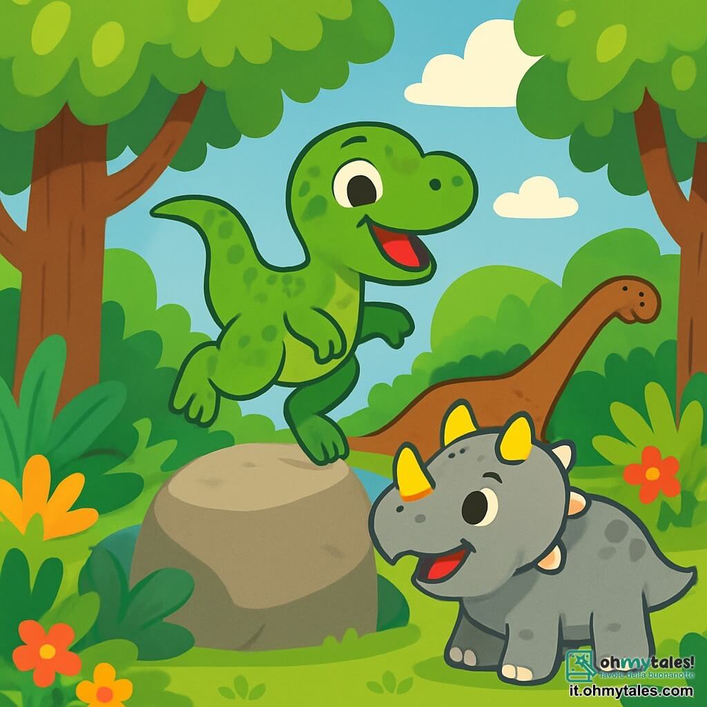 Un velociraptor di nome Dino, con squame verdi brillanti e occhi scintillanti di gioia, salta felicemente su una grande pietra in mezzo a una foresta lussureggiante. Accanto a lui, il suo amico triceratopo Tino, con la pelle grigia e le sue tre corna colorate, sorride incoraggiandolo a saltare ancora più in alto. Sullo sfondo, un diplodoco di nome Lollo, con un lungo collo e pelle marrone, beve acqua fresca ai bordi di un ruscello scintillante. I tre amici si divertono insieme, ridendo e giocando, creando un'atmosfera gioiosa e amichevole.