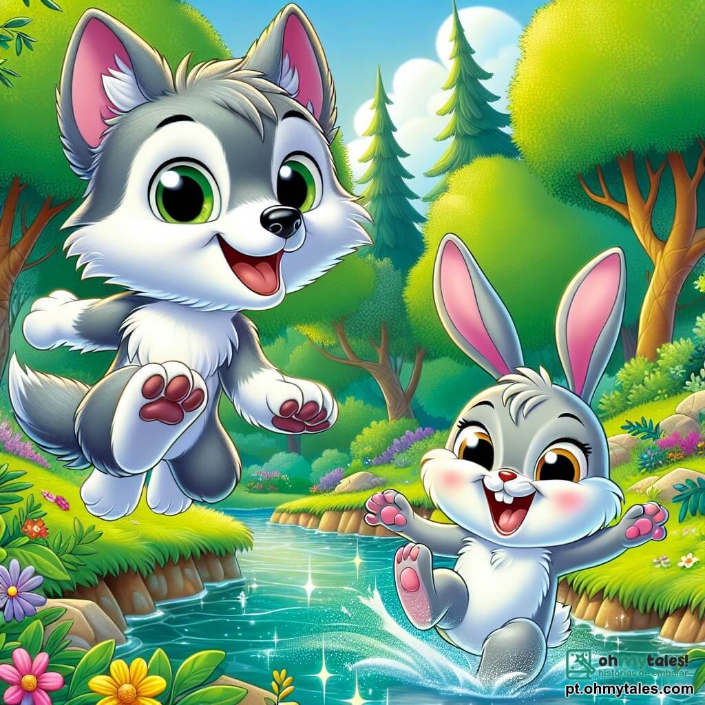 Lupi, um pequeno lobo de olhos brilhantes e pelagem cinza suave, está pulando alegremente sobre um riacho cintilante, com um grande sorriso no rosto, mostrando sua excitação e curiosidade. Ao seu lado, Rabi, um coelhinho travesso de longas orelhas e pelagem branca, ri de felicidade, com os olhos brilhando de alegria enquanto se prepara para pular também, com as patas no ar. O cenário é uma floresta verdejante, repleta de árvores majestosas com folhas vibrantes, flores coloridas que dançam ao vento e um riacho de águas cristalinas que refletem os raios do sol. A cena transmite uma atmosfera de camaradagem e aventura, ilustrando o momento em que Lupi e Rabi estão prestes a atravessar o riacho, simbolizando sua amizade e espírito de exploração.