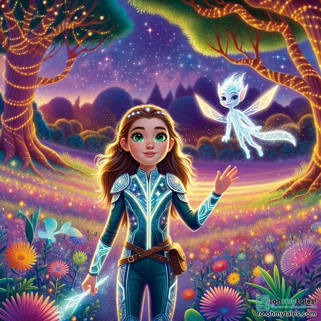 Alya, o tânără cu ochi smarald și păr strălucitor ca o noapte înstelată, se află în centrul unei poieni magice, cu fața iluminată de uimire și determinare. Poartă o costum spațial strălucitor, împodobit cu motive galactice, și ține o sabie magică în mână, pregătită să apere armonia între tehnologie și magie. Lângă ea, un Gardian al Olivastului, o ființă fantastică cu aripi translucide și față umană, plutește grațios în aer, având o expresie binevoitoare și înțeleaptă, ghidând-o pe Alya în înțelegerea misterelor planetei. Locul este o poiană fermecătoare, înconjurată de copaci mari cu trunchiuri luminescente și flori multicolore care vibrează de energie. Cerul este un amestec de violet și aur, cu stele strălucitoare care dansează deasupra lor, creând o atmosferă feerică. Situația principală o arată pe Alya închizând ochii, simțind magia planetei Olivast, în timp ce Gardianul o încurajează să se conecteze cu energia din jur, simbolizând unirea între tehnologie și magie într-o lume fantastică.