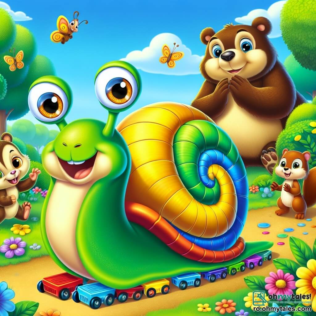 Un melc pe nume Slinky, cu un cochilie colorată în verde și galben, se află în centrul imaginii, cu ochii strălucind de excitație și un zâmbet mare pe față. Se pregătește să participe la o cursă, având cochilia echipată cu mici roți, gata să pornească. La dreapta sa, o veveriță jucăușă pe nume Titi, cu blana maro și ochii sclipitori, aplaudă sărind pe picioarele din spate, plină de entuziasm. La stânga, un urs blând și impunător pe nume Bruno, cu blana maro închis și un zâmbet binevoitor, observă scena cu amuzament, cu brațele încrucișate. Locul este un parc mic și fermecător, plin de flori colorate, copaci verzi și un cer albastru strălucitor, unde razele soarelui filtrează printre frunze. Situația principală arată cum Slinky este pregătit să înceapă o cursă amuzantă cu prietenii săi, înconjurat de râsete și energie veselă.