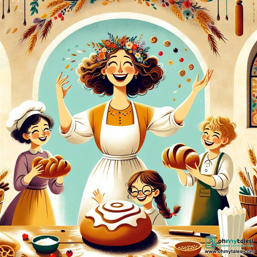 In a cozy bakery called "The Flour Power," a cheerful woman named Miss Bella is at the center of the image. She has curly brown hair dancing around her smiling face and wears a white apron lightly dusted with flour, shaping golden rolls with delicate, lively hands, her expression radiating happiness and passion for baking. Beside her are three children: Lily, an 8-year-old girl with long braided blonde hair, laughing as she decorates a roll with red cherries; Noah, a 7-year-old boy with messy brown hair, proudly showing off his roll decorated with a chocolate hat; and Mia, a 6-year-old girl with round glasses, having fun shaping her roll into a smiling face. They are all standing around a large wooden table filled with flour and colorful ingredients. The bakery is welcoming, with bright yellow walls, large windows letting in sunlight, and shelves filled with golden breads and tempting pastries. The atmosphere is warm and joyful, with delicious aromas floating in the air. The main scene shows Miss Bella and the children creating rolls together, laughing and sharing happy moments, illustrating the spirit of camaraderie and the magic of baking.
