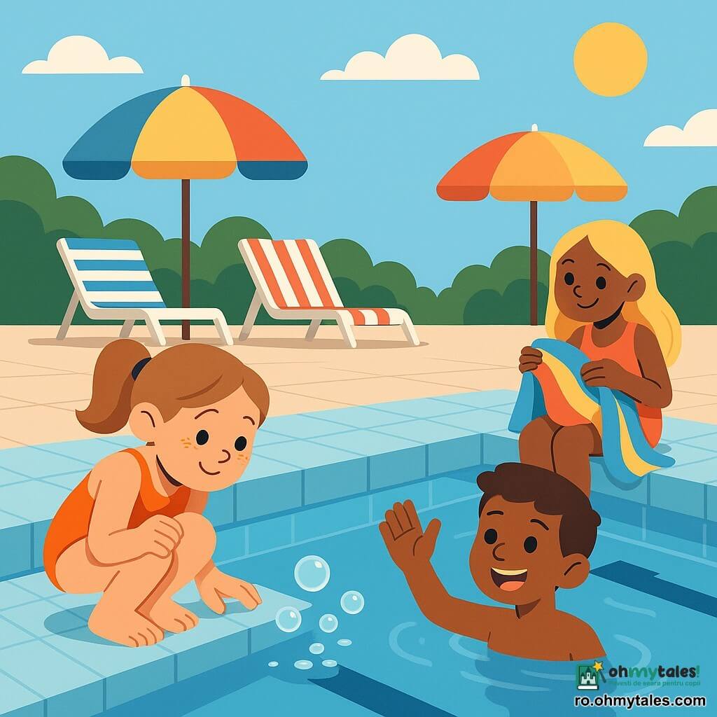 O fată de 10 ani, față rotundă cu pistrui, păr șaten deschis prins în coadă, concentrată timid și ușor fericită, ghemuită la marginea unei piscine suflând bule în apă; un băiat de circa 10 ani (Alex), păr scurt brun, zâmbet încurajator, în apă la câțiva metri, ridicând mâna pentru a aplauza; o fată de circa 10 ani (Clara), păr blond lung, privire jucăușă, așezată pe margine cu picioarele în apă, ținând un prosop colorat și susținând-o pe fată; piscină exterioară cu gresie bleu deschis, apă limpede și scânteietoare, umbrele și prosoape colorate, cer însorit; scenă caldă și optimistă despre învățarea înotului, prietenii o încurajează în timp ce începe să-și scufunde fața.