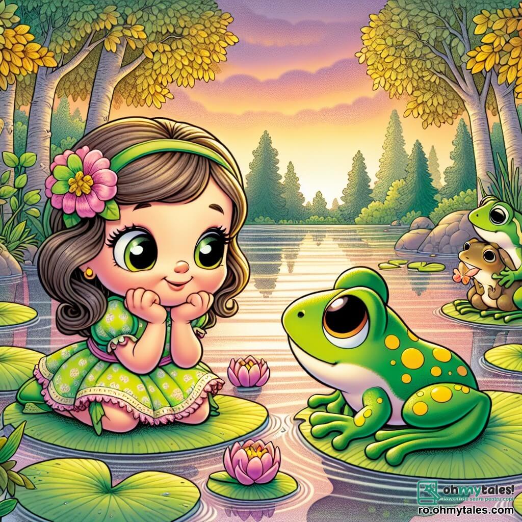 Pe marginea unui lac strălucitor, o mică broască verde numită Lili, cu ochi mari și rotunzi și un zâmbet timid, stă pe o frunză de nuferi, privind gânditoare apa. Pare atât curioasă, cât și puțin tristă, cu labele din față sprijinite pe genunchi. Aproape de ea, mama ei, o frumoasă broască verde cu pete galbene, îi zâmbește blând, stând pe o altă frunză, încercând să o consoleze cu o expresie caldă și iubitoare. De cealaltă parte, tatăl ei, o broască mai mare cu o culoare verde închis și ochi strălucitori, o observă cu un privire încurajatoare, ținând o floare mică în labele din spate. Lacul este înconjurat de copaci mari cu frunze aurii, iar cerul este colorat în nuanțe de roz și portocaliu la apus, creând o atmosferă blândă și reconfortantă. Lili, deși îngrijorată, începe să înțeleagă dragostea care o înconjoară, în timp ce părinții ei îi arată că vor fi mereu acolo pentru ea, chiar dacă nu mai locuiesc împreună.