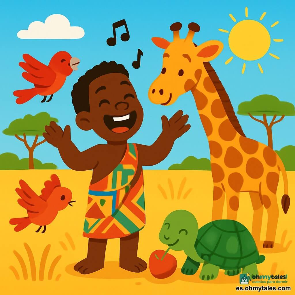 Un hombre llamado Kofi, con una amplia sonrisa y ojos brillantes, está de pie en el centro del escenario. Lleva un pagne colorido con motivos africanos y tiene las manos levantadas cantando alegremente. A su lado, una jirafa de largo cuello, curiosa y amigable, se inclina para escuchar, mientras que una tortuga de caparazón brillante está cerca de sus pies, mordisqueando una fruta jugosa. La escena tiene lugar en una sabana dorada, salpicada de hierbas altas y árboles majestuosos bajo un cielo azul brillante. El sol brilla, creando sombras suaves en el suelo. Kofi organiza una fiesta alegre para los animales, cantando y bailando, mientras los pájaros coloridos vuelan a su alrededor, sumando a la atmósfera festiva. Los animales ríen y se divierten, compartiendo frutas y celebrando juntos en un ambiente de felicidad y amistad.