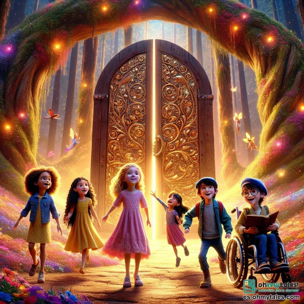 En un mundo mágico, cuatro amigos se encuentran frente a una antigua puerta de madera decorada con patrones brillantes. Lila, una niña de 8 años con cabello rizado y dorado, lleva un vestido rosa y observa la puerta con asombro. A su derecha, Tomás, un niño de 9 años con una gorra azul y una sonrisa valiente, señala la puerta, listo para abrirla. Sofía, una niña de 7 años con un vestido amarillo y gafas redondas, salta de alegría con los brazos en alto, llena de emoción. Finalmente, Miguel, un niño de 10 años en silla de ruedas, sonríe con determinación, sosteniendo un libro de cuentos en sus manos. El escenario es un bosque encantado, donde los árboles son altos y majestuosos, sus hojas brillan en mil colores bajo la luz del sol. Flores de tonos vivos cubren el suelo y criaturas fantásticas vuelan en el aire, añadiendo un toque de magia al entorno. La escena principal muestra a los amigos preparándose para abrir la puerta misteriosa, llenos de anticipación y aventura, mientras una luz deslumbrante escapa de la puerta, prometiendo descubrimientos extraordinarios.