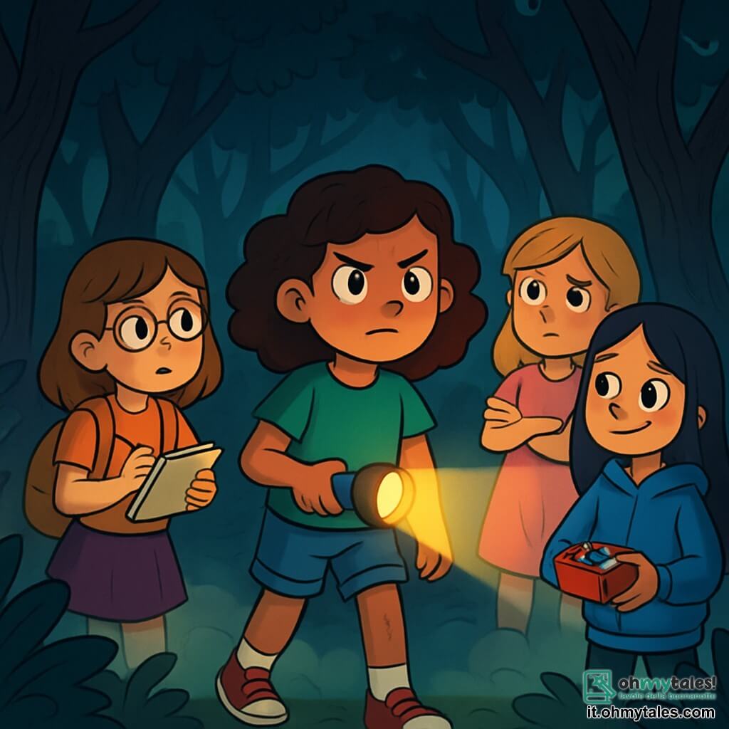 Ci sono 4 bambini: - Giada: una ragazza di 9 anni, con capelli ricci e castani, indossa una maglietta verde e pantaloni di jeans. È al centro, con uno sguardo determinato, mentre tiene una torcia che illumina il cammino davanti a lei. - Silvia: una ragazza di 9 anni, con capelli lisci e biondi, indossa un vestito rosa. Si trova leggermente in disparte, con le braccia incrociate e un'espressione di preoccupazione sul volto. - Martina: una ragazza di 9 anni, con capelli castani e occhiali. È a sinistra, mentre guarda intorno a sé con curiosità, tenendo un quaderno per prendere appunti sulla loro avventura. - Elisa: una ragazza di 9 anni, con capelli lunghi e neri, indossa una felpa blu. È a destra, sorridente, mentre tiene una piccola scatola di caramelle che condivide con le sue amiche. Il luogo è una foresta oscura e misteriosa, con alberi dai tronchi nodosi e foglie scure che filtrano una luce pallida. Una fitta nebbia si alza dal suolo, avvolgendo le radici degli alberi e creando un'atmosfera inquietante. In lontananza, ombre danzano tra i tronchi, aggiungendo un tocco di mistero. La situazione principale mostra le quattro amiche che avanzano cautamente nella foresta, i loro volti illuminati dalla luce tremolante della torcia. Sembrano sia entusiaste che spaventate, pronte a scoprire i segreti che nasconde la leggendaria Foresta di Nebbia.