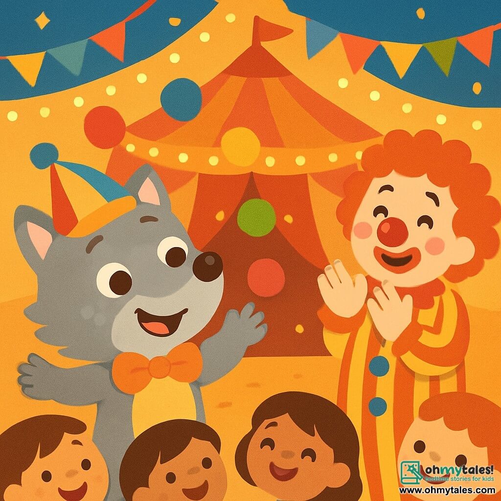 A joyful little wolf with gray fur and sparkling eyes, wearing a colorful clown hat, is juggling multicolored balls under the big circus tent. Next to him, a smiling clown with a red nose and curly hair, dressed in a striped costume, enthusiastically claps, his eyes shining with pride. In the background, the tent is decorated with twinkling lights and colorful banners, creating a festive and magical atmosphere. The scene depicts the little wolf in action, surrounded by laughter and joy, while amazed spectators watch with bright smiles.
