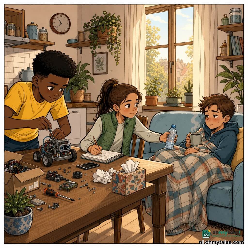 Er zijn drie kinderen: Milo — jongen ~10 jaar, kort kastanjebruin haar, licht rood gezicht en vermoeide ogen, ligt op een lichtblauwe bank rechts onder een geruit deken met een kop thee; Jayden — jongen ~10 jaar, iets donkere huid, korte afro, geel T-shirt, staat links bij de tafel en buigt zich geconcentreerd voorover terwijl hij een klein rijdend robotje repareert; Sem — meisje ~10 jaar, bruin haar in een staart, draagt een groen gilet, zit midden aan de tafel, schrijft in een notitieboek en reikt een fles water naar Milo. De plek is een lichte, warme keuken-woonkamer met lichte houten vloer en een grote houten tafel vol elektronische onderdelen, schroeven en een schroevendraaier; achteraan een raam met zacht namiddaglicht en planten op de vensterbank. Scène: rustige, intieme sfeer, twee vrienden knutselen stil aan een sokzoeker-robot terwijl de zieke maar glimlachende derde op de bank rust; zachte pasteltinten, vriendelijke gezichten en kleine details (zakdoeken, dampende kop, geopende doos met onderdelen) tonen zorg en kameraadschap.