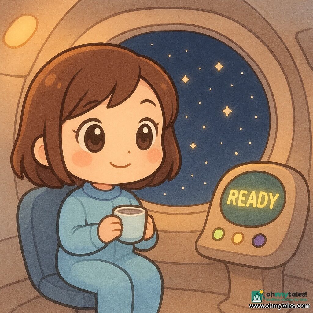 A serene smiling adult woman in a pale blue suit with short brown hair and bright eyes holds a small cup of water and looks out a wide spacecraft window at a starry sky while a friendly onboard computer with a round screen and three blinking green, yellow and violet lights displays the word Ready; the warm compact interior has rounded, softly lit walls and smooth metal panels, and the woman, poised and calm, prepares to begin her space journey with slow, confident movements.