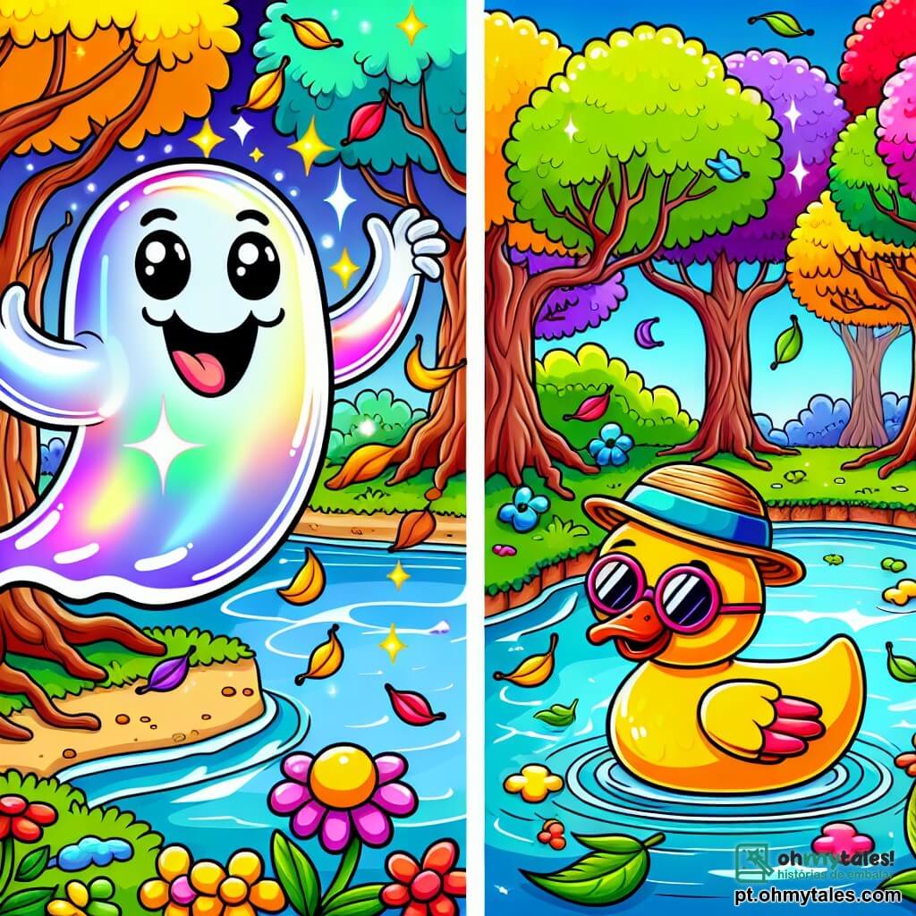 Um fantasma alegre chamado Zéfiro flutua acima de um lago cintilante, com um corpo transparente e contornos ligeiramente desfocados, exibindo um grande sorriso e olhos brilhantes de malícia. Ele está cercado por cores vivas, com folhas de árvores multicoloridas dançando ao seu redor. Ao lado dele, um pato estiloso, usando um chapéu de palha e óculos de sol, nada no lago, com uma expressão divertida e curiosa. Ele é amarelo vivo, com penas brilhantes que refletem a luz do sol. Ao fundo, uma floresta mágica se estende, com árvores de troncos torcidos e folhas de todas as cores do arco-íris, enquanto flores vibrantes salpicam o chão. A cena retrata Zéfiro e o pato se preparando para uma festa, com tigelas de sorvete cintilantes ao redor deles, enquanto riem juntos, prontos para convidar todos os seus amigos da floresta para celebrar sua amizade e alegria.