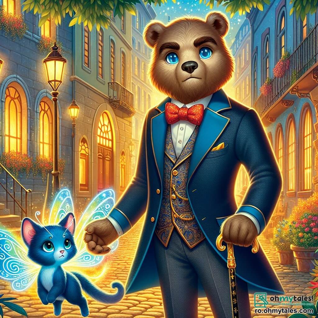 Un urs gentleman, pe nume Monsieur Ursache, stă în picioare în centrul unei străzi pavate, îmbrăcat într-un elegant costum bleumarin cu un papion roșu aprins. Expresia sa este determinată și curajoasă, iar ochii îi strălucesc de înțelepciune. El ține un baston ornamentat cu motive aurii, pregătit să-și apere teritoriul. Lângă el, un mic pisoi albastru pe nume Azur, cu ochi de safir strălucitori și aripi delicate de fluture, zboară ușor deasupra solului. Expresia sa reflectă curiozitate și îngrijorare, în timp ce luminează scena cu o lumină magică emanată din aripile sale. Decorul este un parc urban fermecător, înconjurat de clădiri vechi cu fațade colorate, unde felinarele din fier forjat difuzează o lumină caldă. Copacii cu frunze aurii se leagănă ușor în adierea vântului, iar florile strălucitoare adaugă o notă de magie mediului. Situația principală îi arată pe Monsieur Ursache și Azur confruntându-se cu un vortex luminos și vârtej care se deschide în fața lor, eliberând umbre amenințătoare. Ei sunt pregătiți să înfrunte necunoscutul, uniți în căutarea lor de a proteja orașul lor magic.