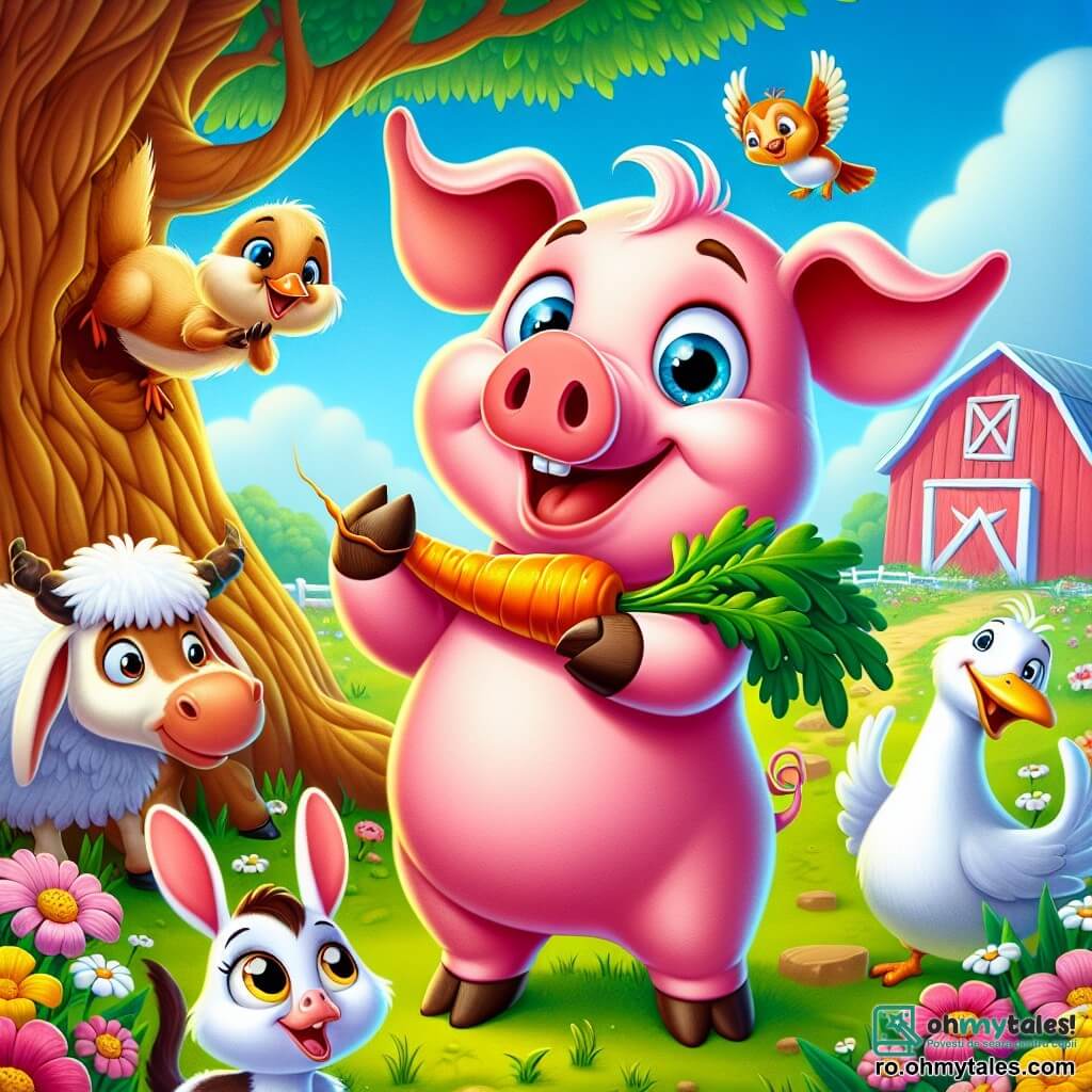 Un porc roz, pe nume Puf, cu urechi mari și un zâmbet jucăuș, stă în centrul imaginii, ținând sub braț o morcov de aur strălucitor, cu ochii mari de excitație și curiozitate. La dreapta lui, o veveriță mică cu blană brună aurie, Lili, cu ochi strălucitori, se cațără pe un trunchi de copac, privindu-l pe Puf cu un aer intrigat. La stânga, un gâscan alb cu cioc portocaliu, Gogu, stă pe o picior, făcând gesturi exagerate, ca și cum ar povesti o glumă, în timp ce o capră albă cu pete negre, Zina, stă în spatele lui, arătând perplexă, dar amuzată. Decorul este o fermă pitorească, cu un cer albastru strălucitor, flori colorate în jur și un hambar roșu în fundal, iar iarba este verde și proaspătă. La baza unui copac mare, Puf a descoperit morcovul de aur, iar toți prietenii săi sunt adunați în jurul lui, plini de entuziasm și curiozitate, pregătiți să dezvăluie misterul comorii fermecate.